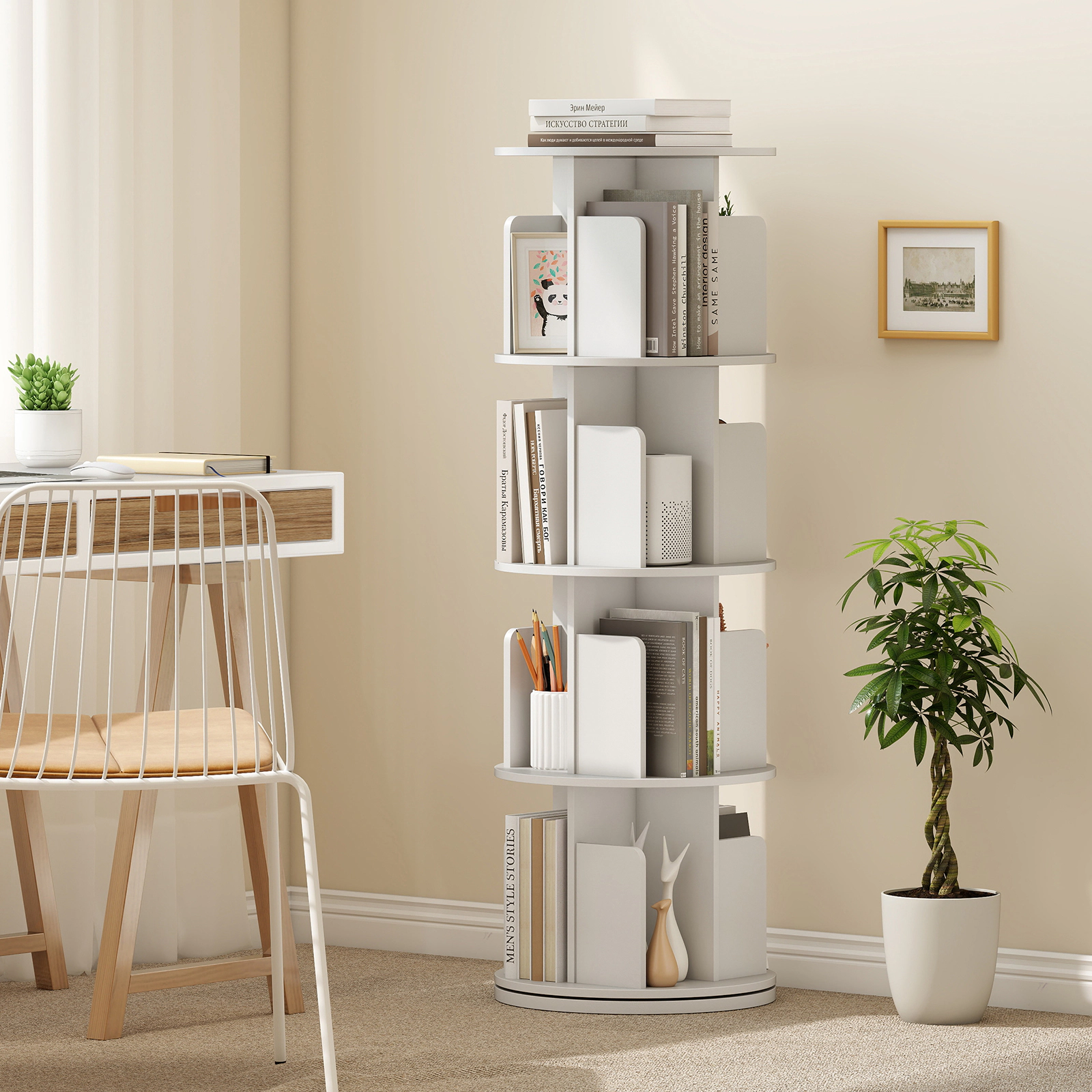 SUGIFT 4-Tier Rotating Bookshelf 50.5-in Tall 190-lb Capacity 360° Display Rack Dividers & Anti-falling Baffles White