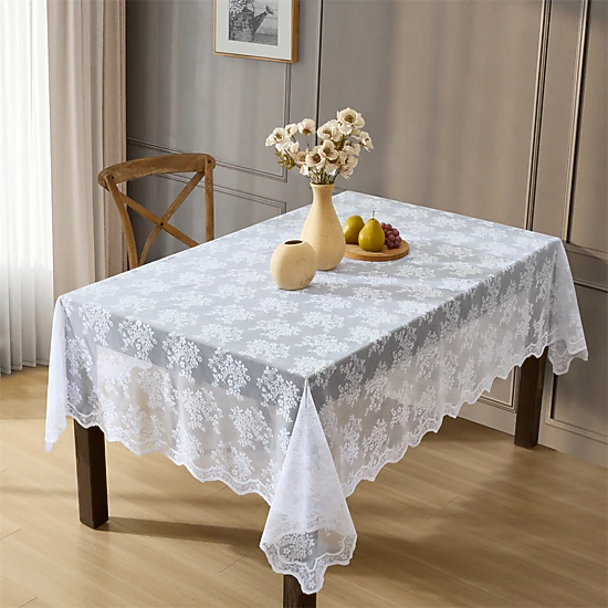 HLC.ME Jolene Floral Scalloped Lace Fabric Wrinkle Resistant Tablecloth