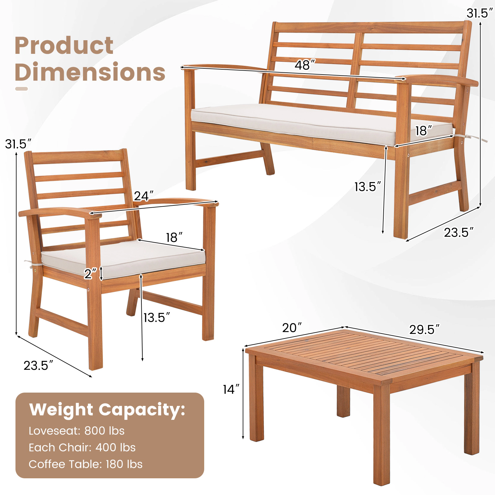 LJG 4 Pieces Outdoor Furniture Set with Stable Acacia Wood Frame