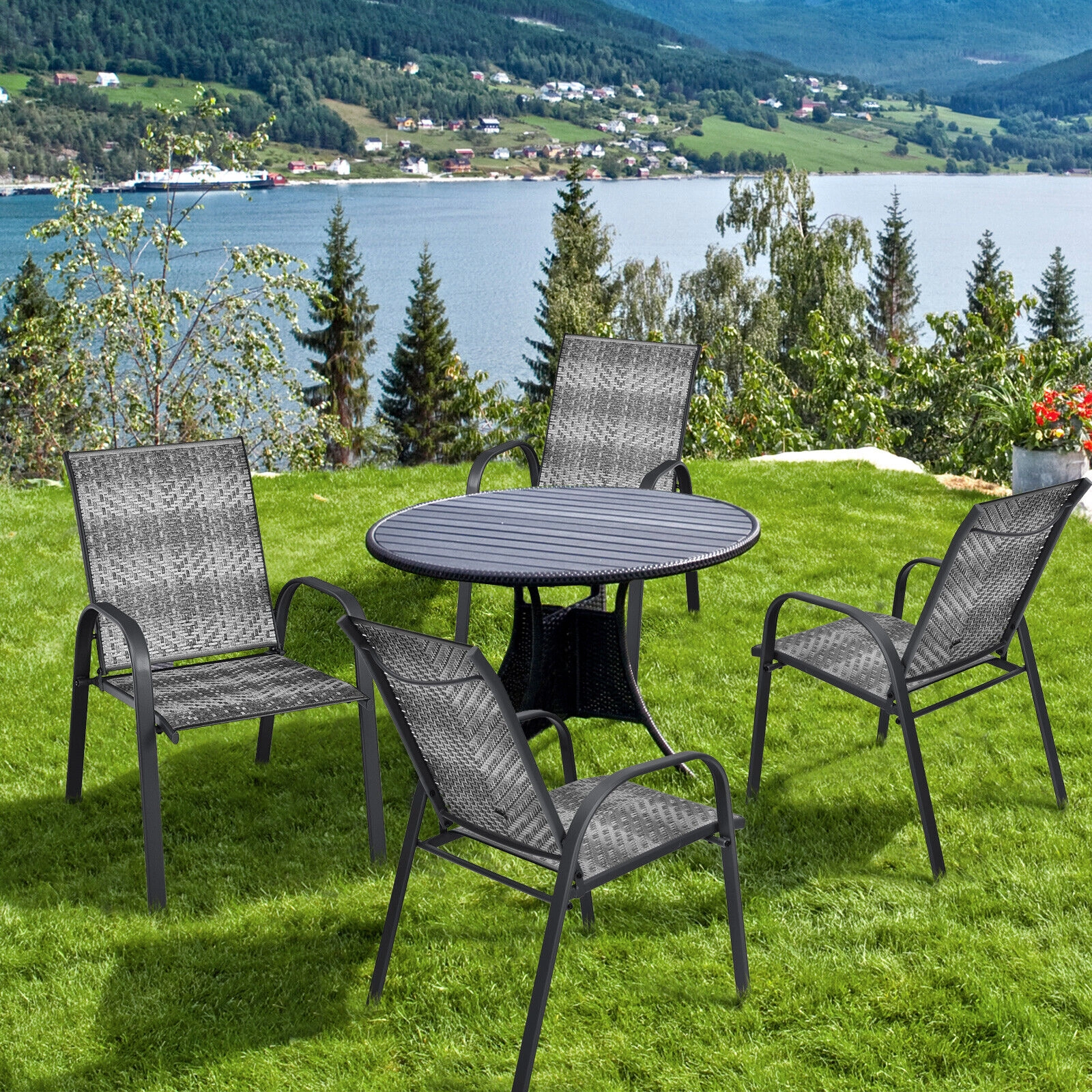SUGIFT Set of 6 Stackable PE Rattan Wicker Outdoor Dining Chairs with Steel Frames and Armrests