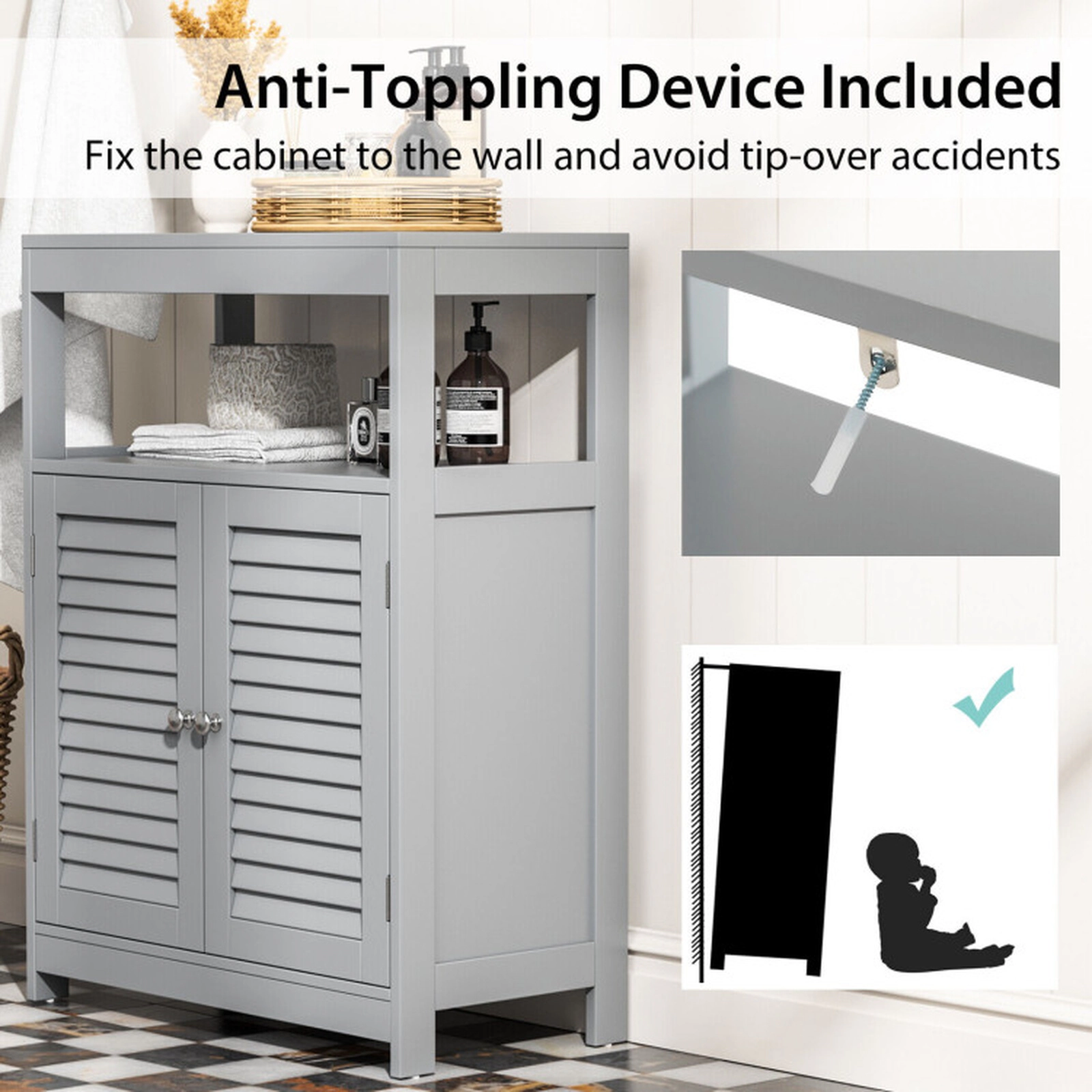 SUGIFT Gray 77-lb Top Capacity Freestanding Bathroom Floor Cabinet with Double Shutter Doors and 3-Position Shelf