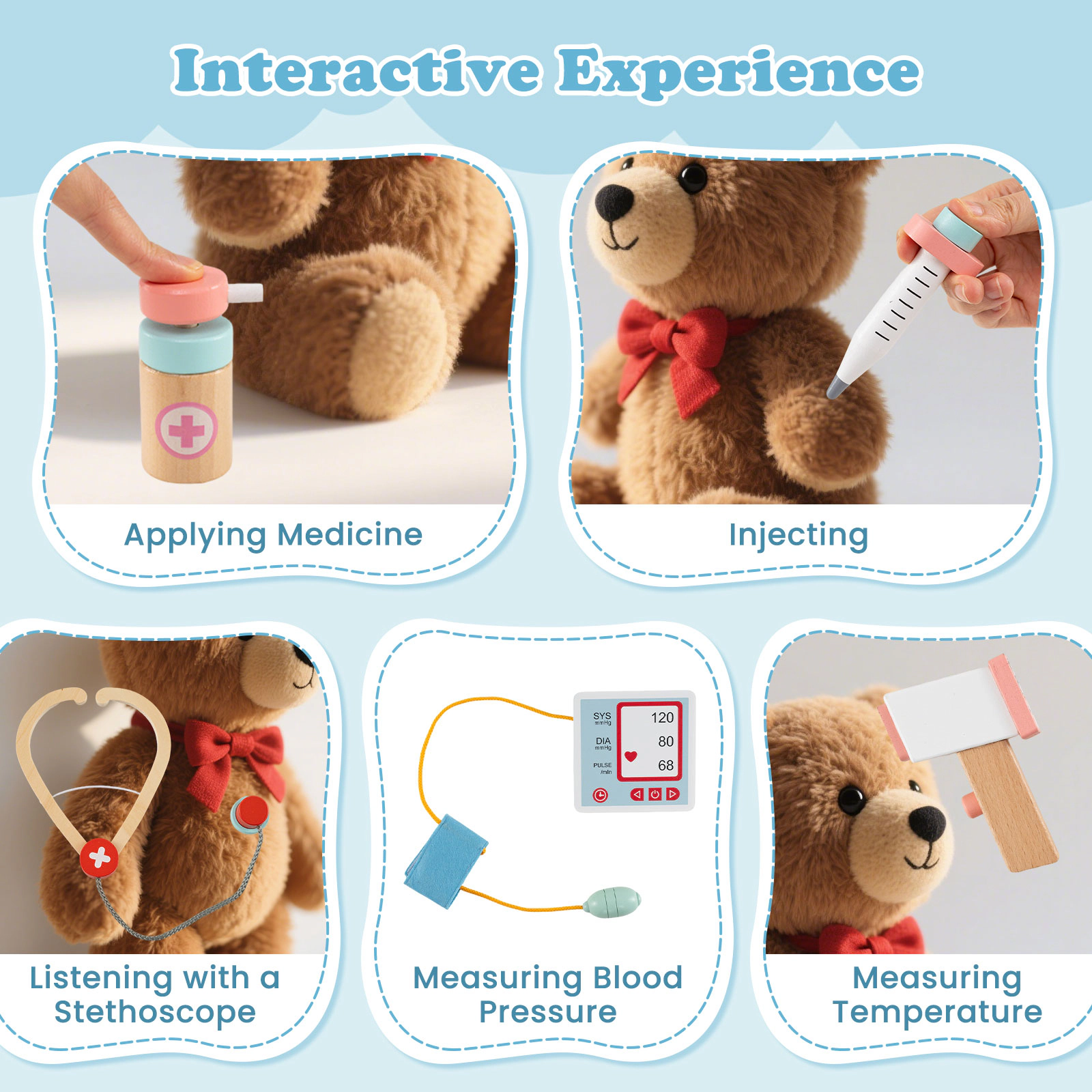 Wooden Doctor Kit for Kids Playset Stethoscope Blood Pressure Cuff 24-pc Medical Accessories 38-in x 12-in x 35-in Blue