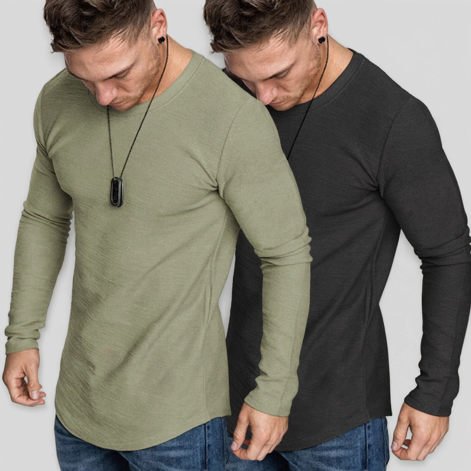 COOFANDY Mens 2 Pack Long Sleeve Crew Neck Tee Fall Casual Curved Hem Slim Fit Tops