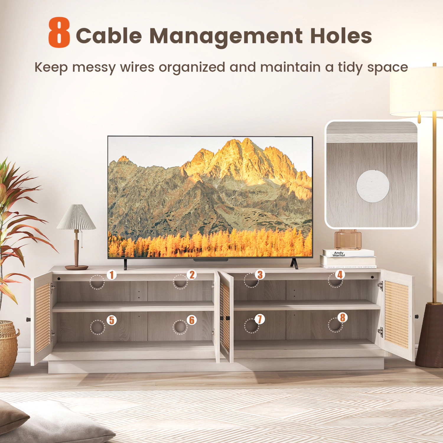 Glintex 70-Inch Farmhouse TV Stand with 4 Rattan Doors and 8 Cable Holes