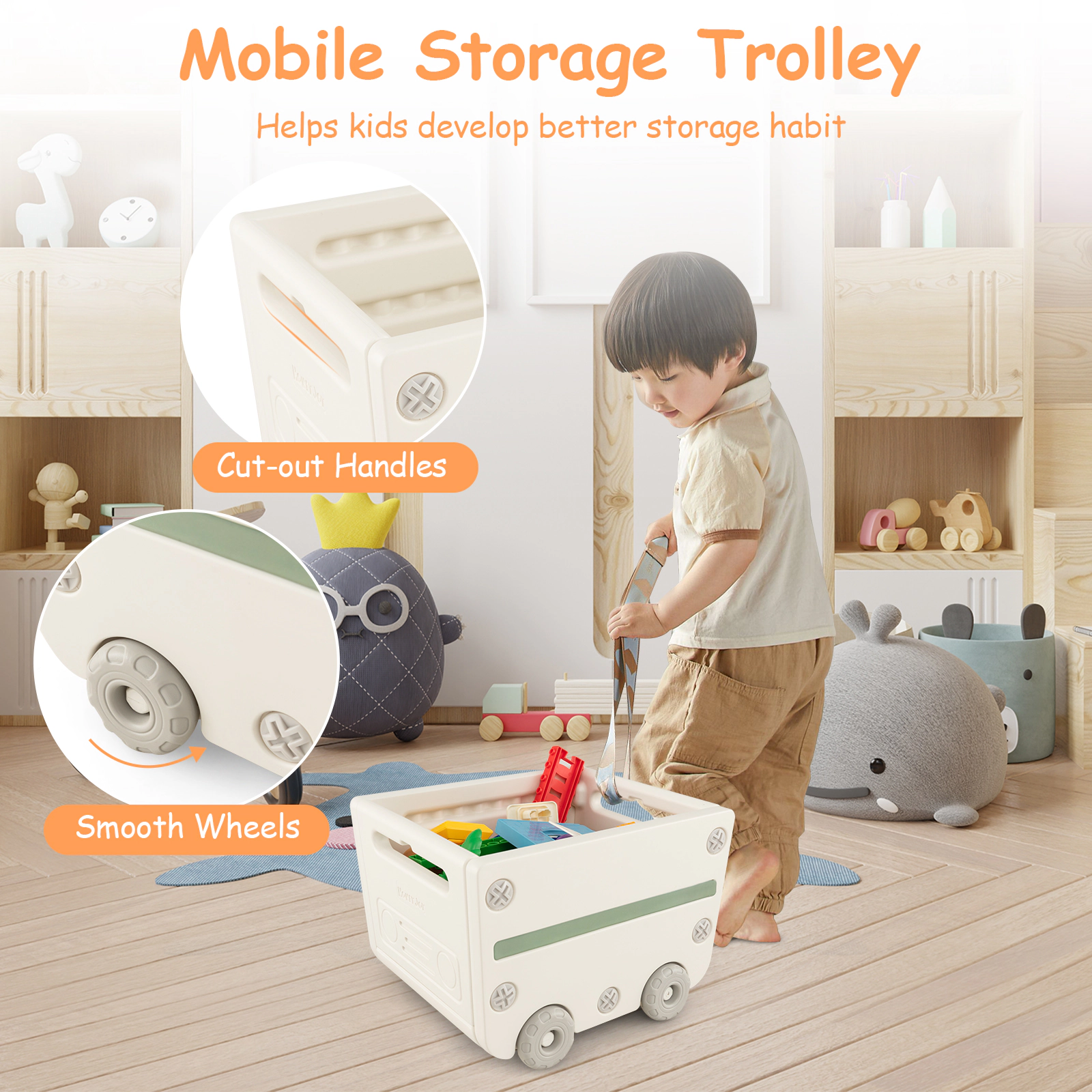 SUGIFT Kids Mobile Trolley Storage Bins Enclosed Cabinet HDPE Toy Chest Bookshelf 34-in x 15-in x 47-in Ages 3+ Gray