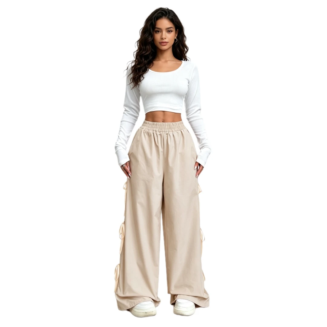 Coolmee Women’s Casual Girly Side Bow Wide Leg Pants Lightweight Elastic Waist Trousers with Pockets