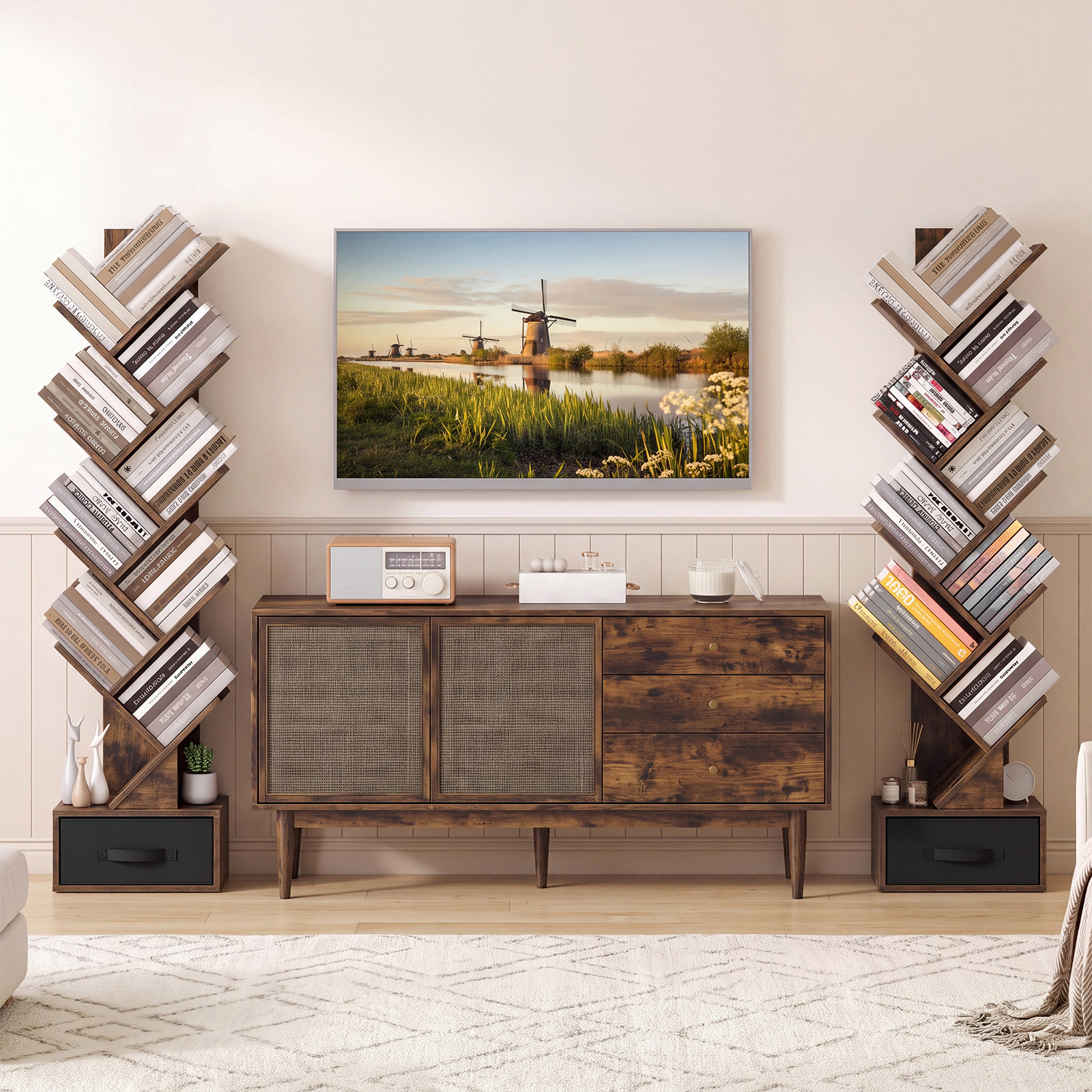 Costway 9-Tier Tree Bookshelf with Drawer Wooden Floor Standing Bookcase White