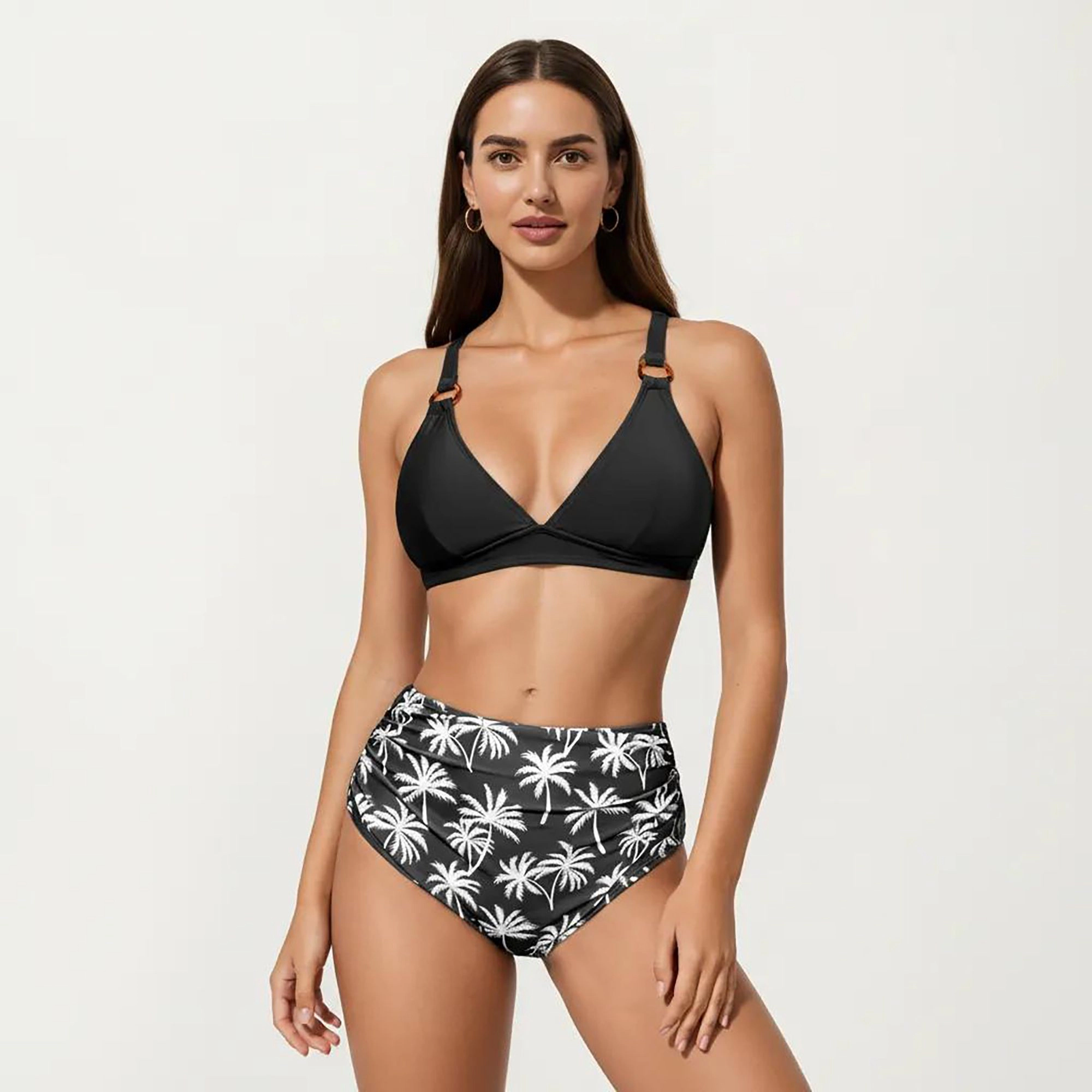Anna-Kaci Women's 2-Piece High Waisted Bikini Set with Ring Strap Top and Palm Print Bottom