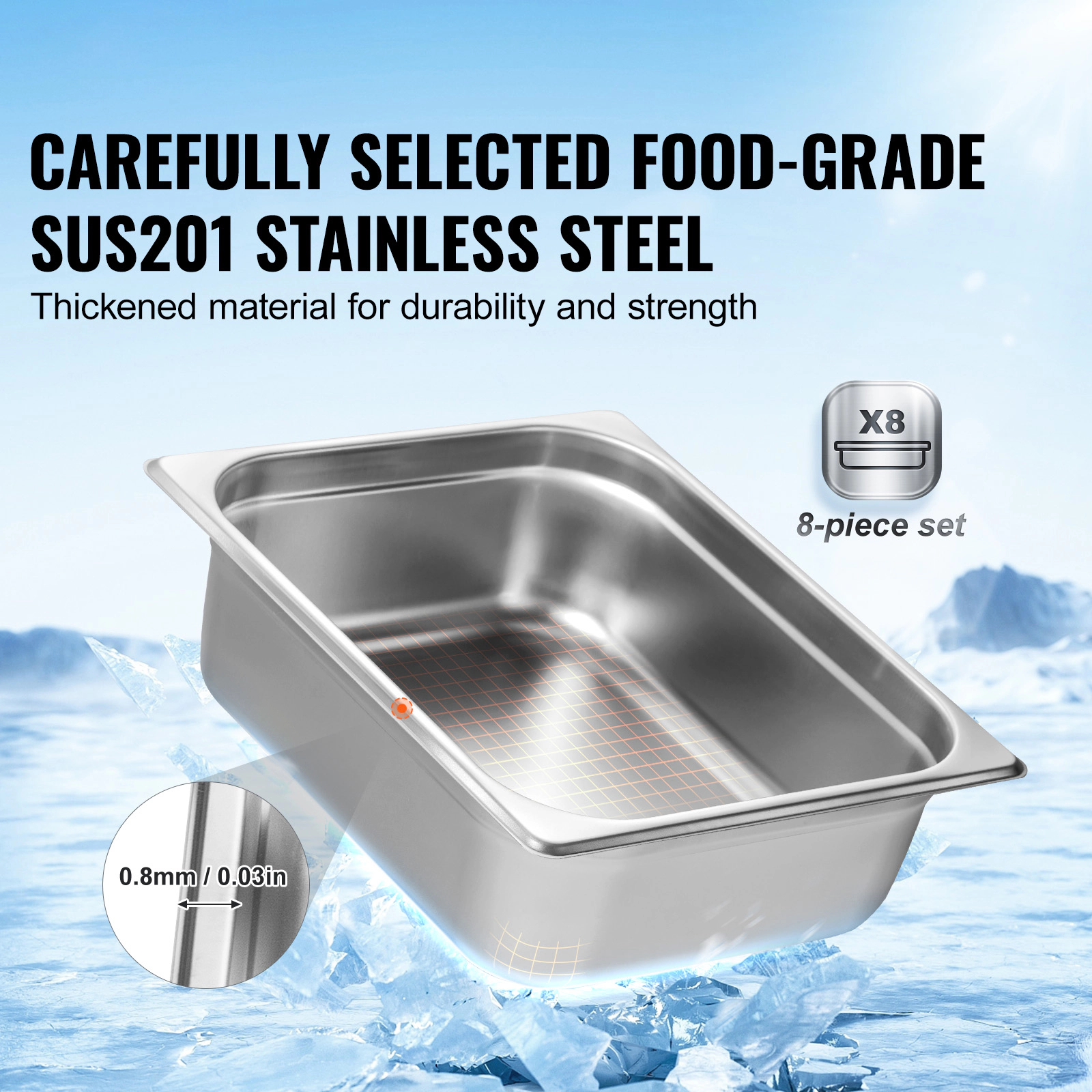 HONGGE Hotel Pans, Anti-Jam Steam Pan, 0.8mm Thick Stainless Steel Steam Table Pan, Deep Commercial Table Pan