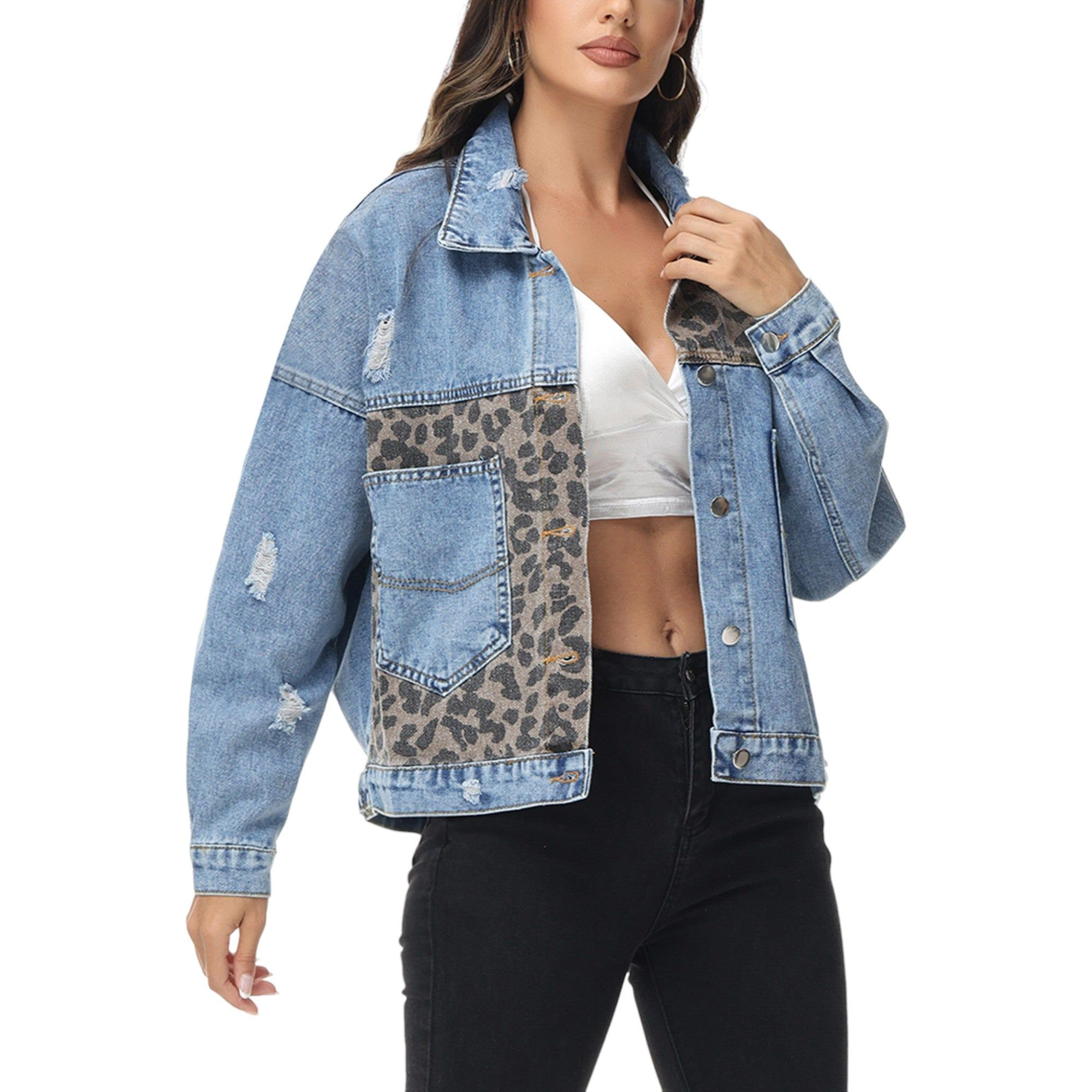 Anna-Kaci Women's Leopard Print Long Sleeve Crop Denim Jacket