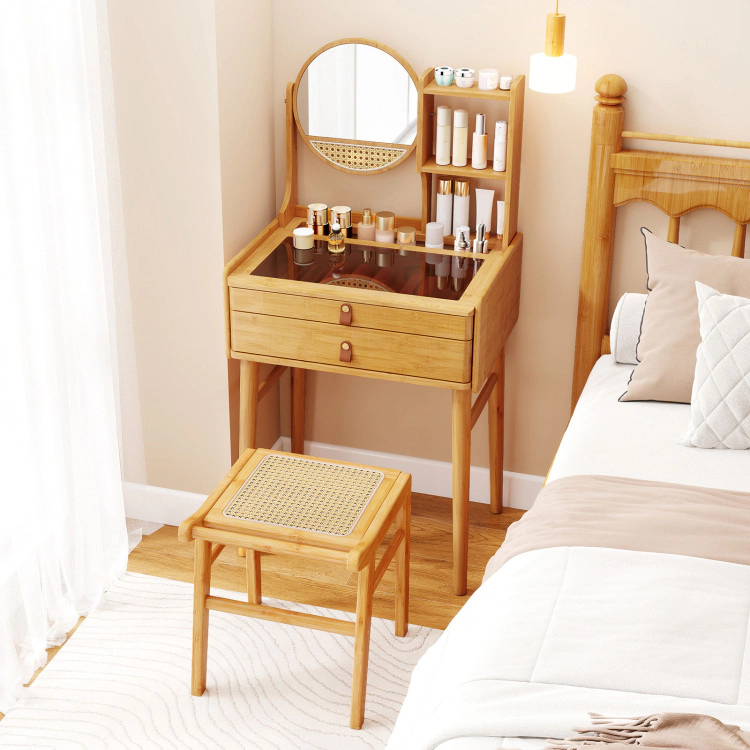 Hivvago Small Vanity Desk And Stool Set With Mirror And 2 Drawers