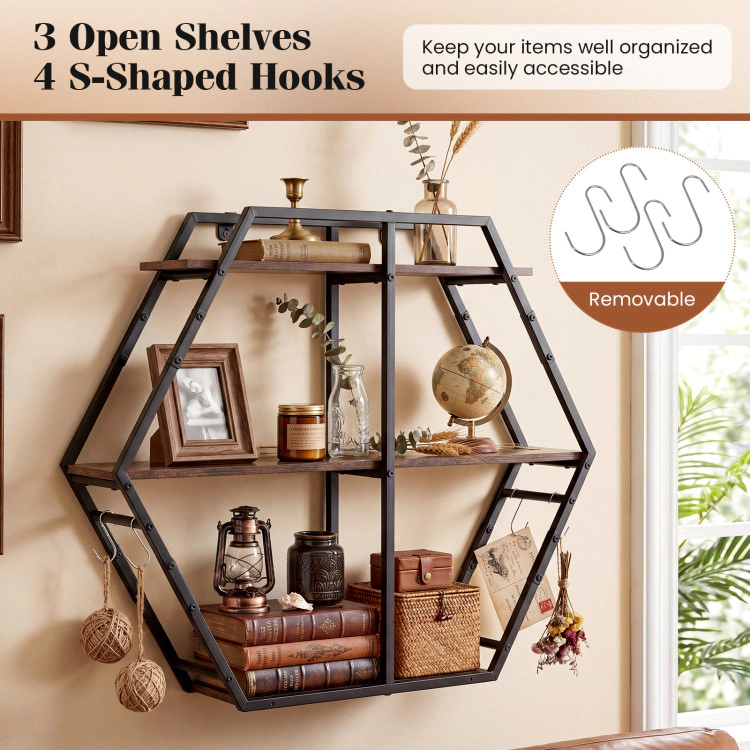 Hivvago 3-Tier Geometric Bookcase with S-Shaped Hooks for Living Room