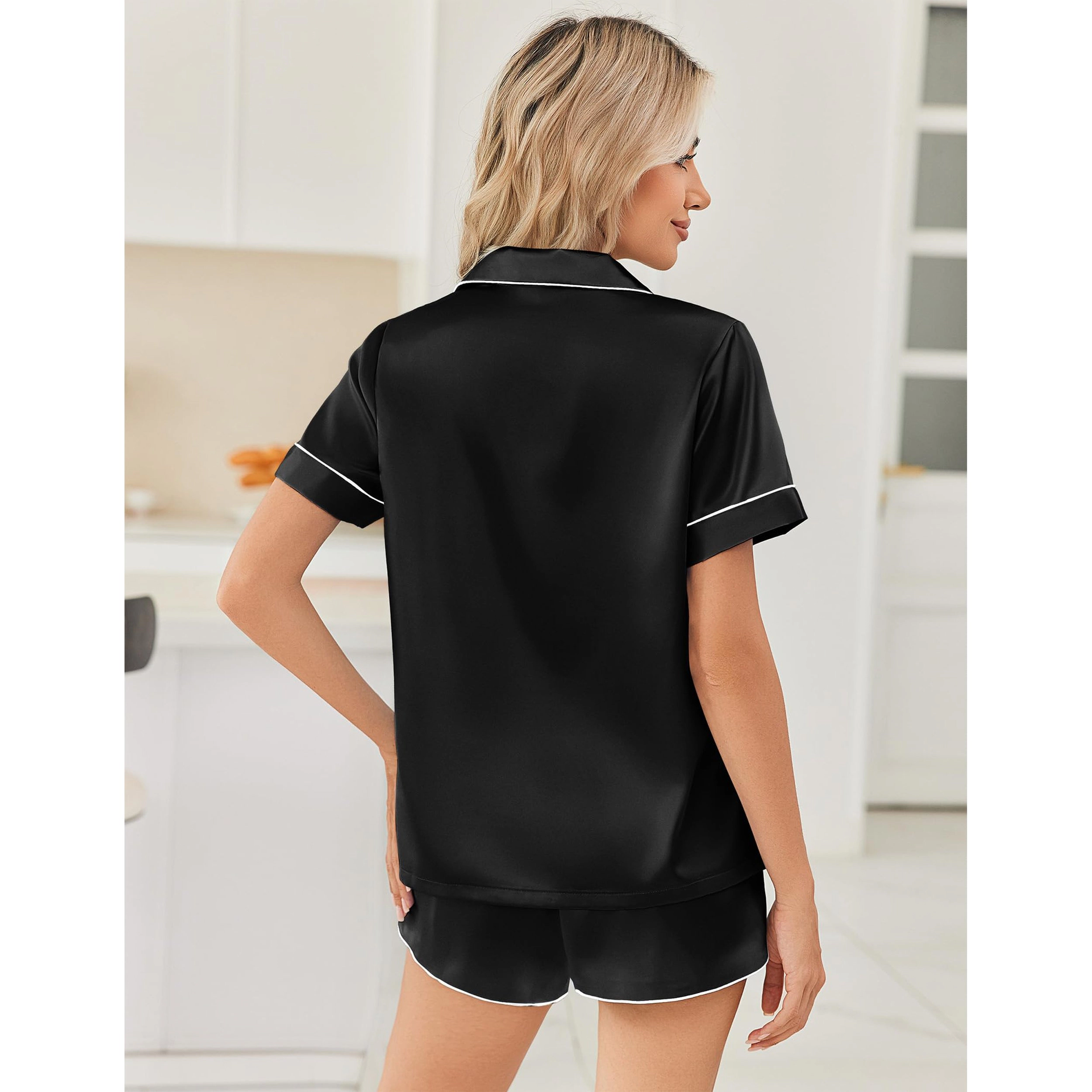 Ekouaer Womens Silk Satin Pajama Sets 2 Piece Button Down Shorts Short Sleeve Loungewear
