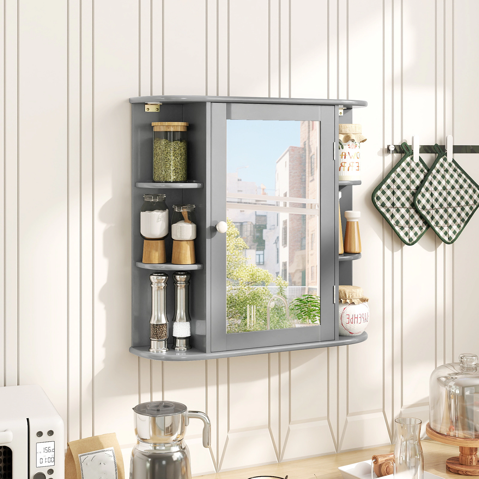 SUGIFT Mirrored Door 4 Internal Tiers 6 Open Shelves Bathroom Medicine Cabinet 26-in x 6.5-in x 25-in 44-lb Top Gray