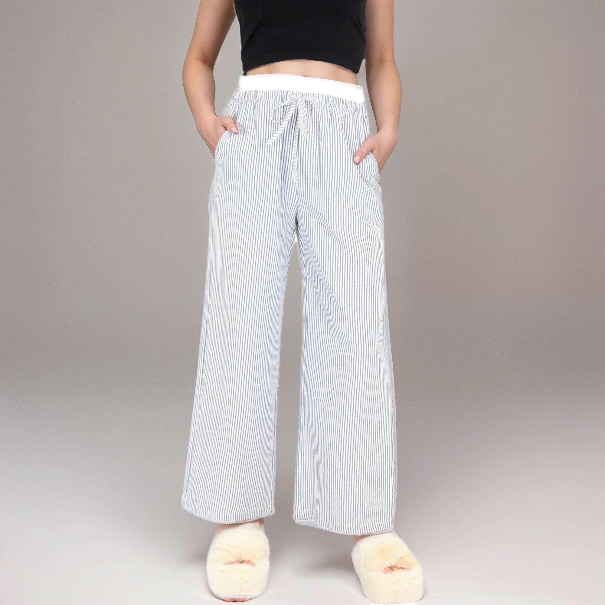 Anna-Kaci Women's Striped Wide Leg Lounge Pants with Elastic Waistband Drawstring and Relaxed Full-Length Fit