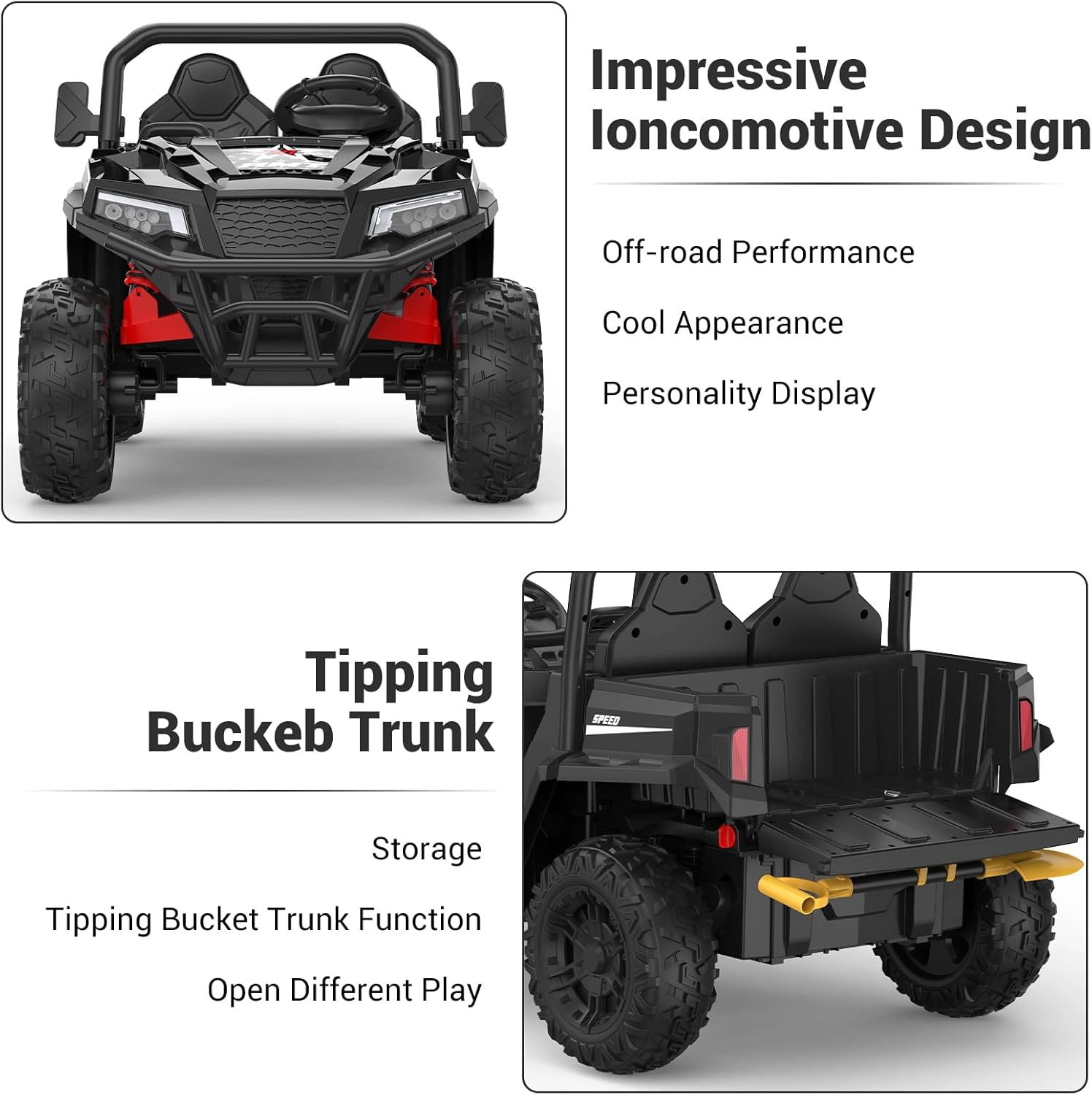 Enjyam 24V 4WD 2-Seater Kids Electric Dump Truck, 4×200W Motors, Remote Control, LED Lights, Music, Bed & Shovel