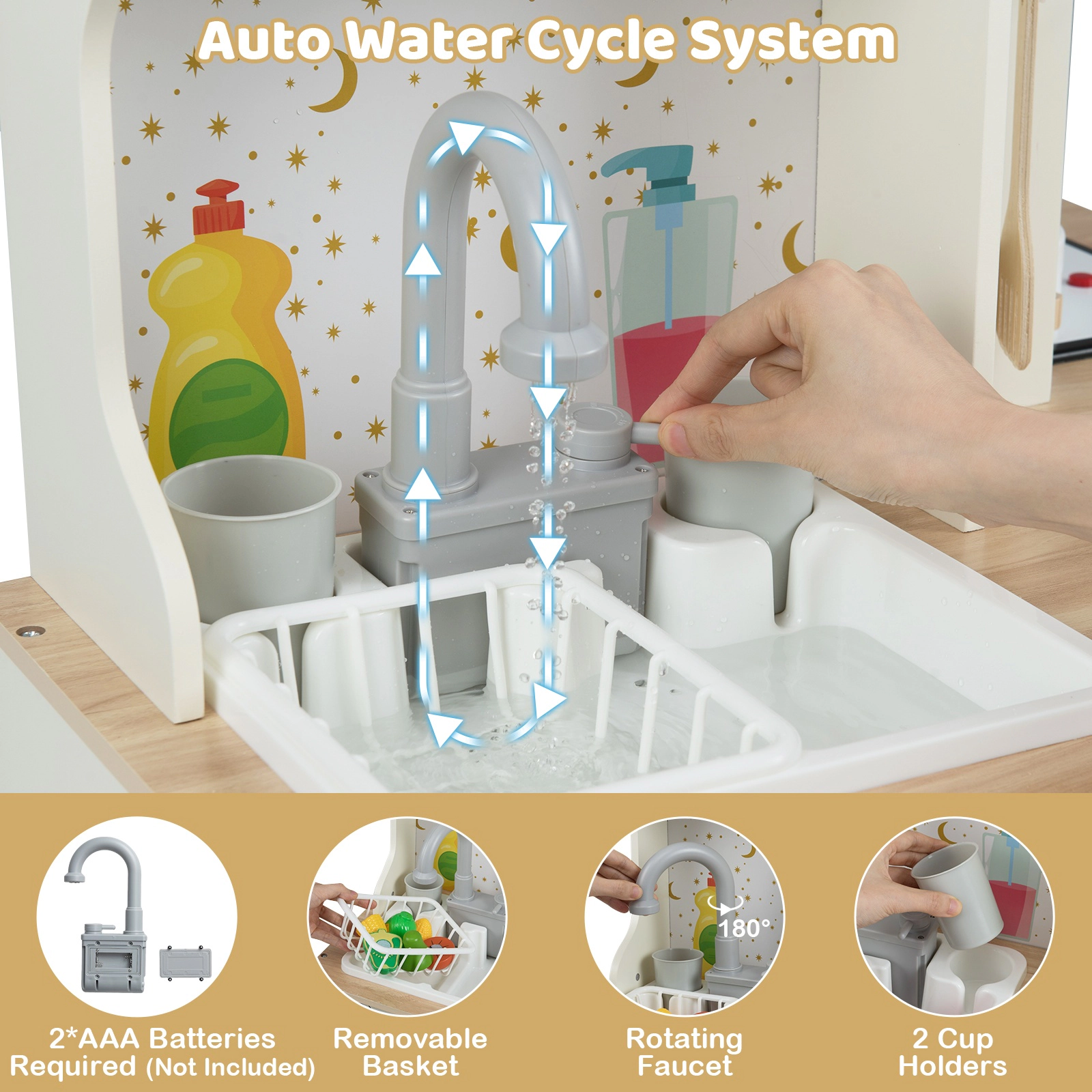 SUGIFT Beige Working Faucet Sink and Washing Machine Kids Wooden Corner Play Kitchen