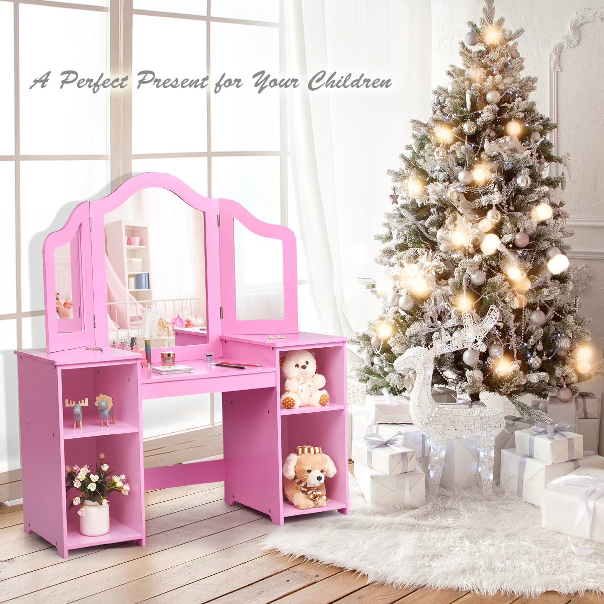 SUGIFT 42-Inch Kids Vanity Table Set with Tri-Folding Mirror and 4 Storage Compartments