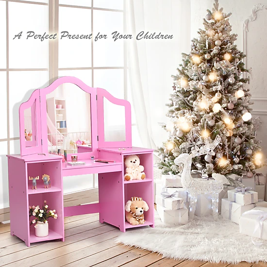 SUGIFT 42-Inch Kids Vanity Table Set with Tri-Folding Mirror and 4 Storage Compartments