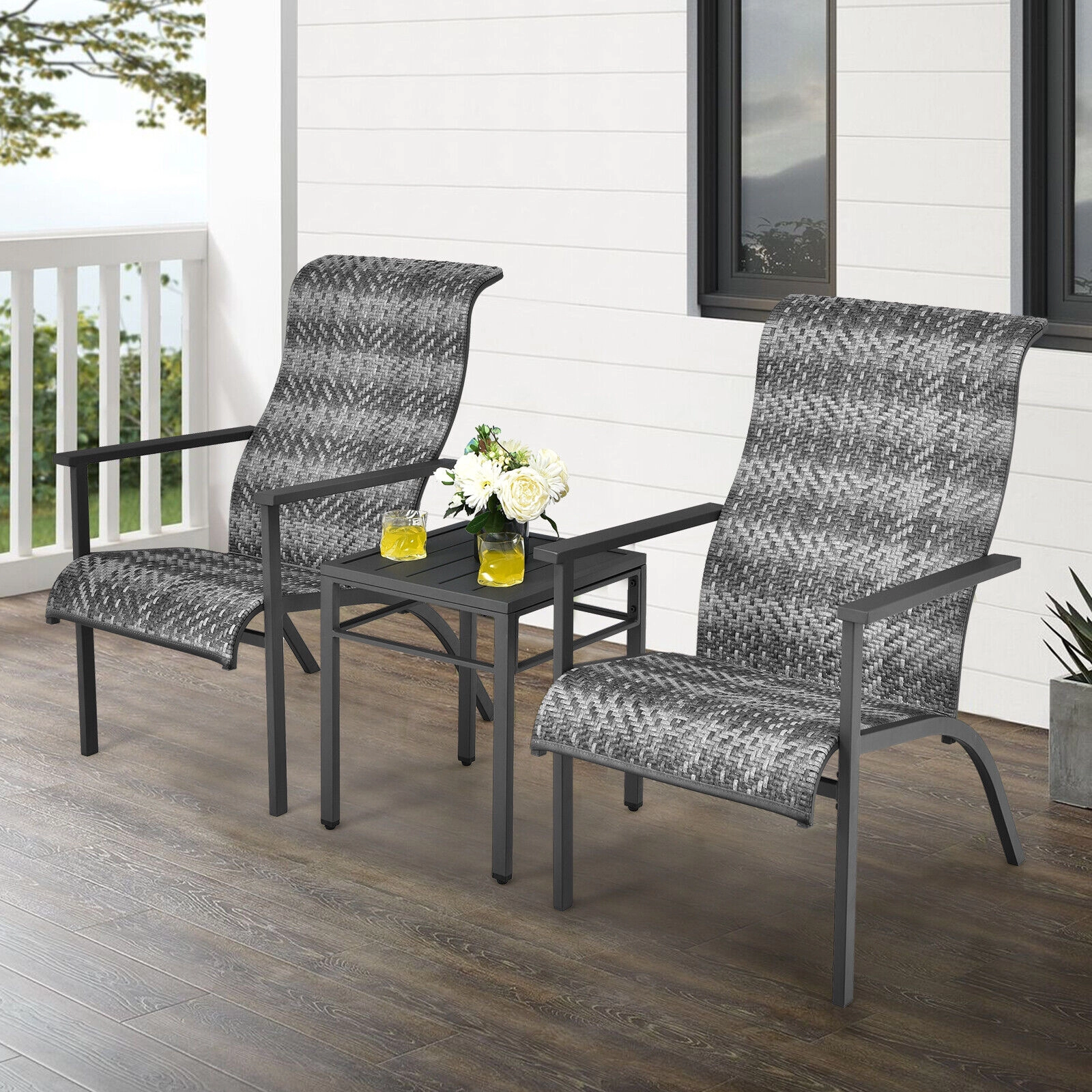 SUGIFT 3 Piece Patio Rattan Bistro Set Gray with High Backrest Chairs and Side Table