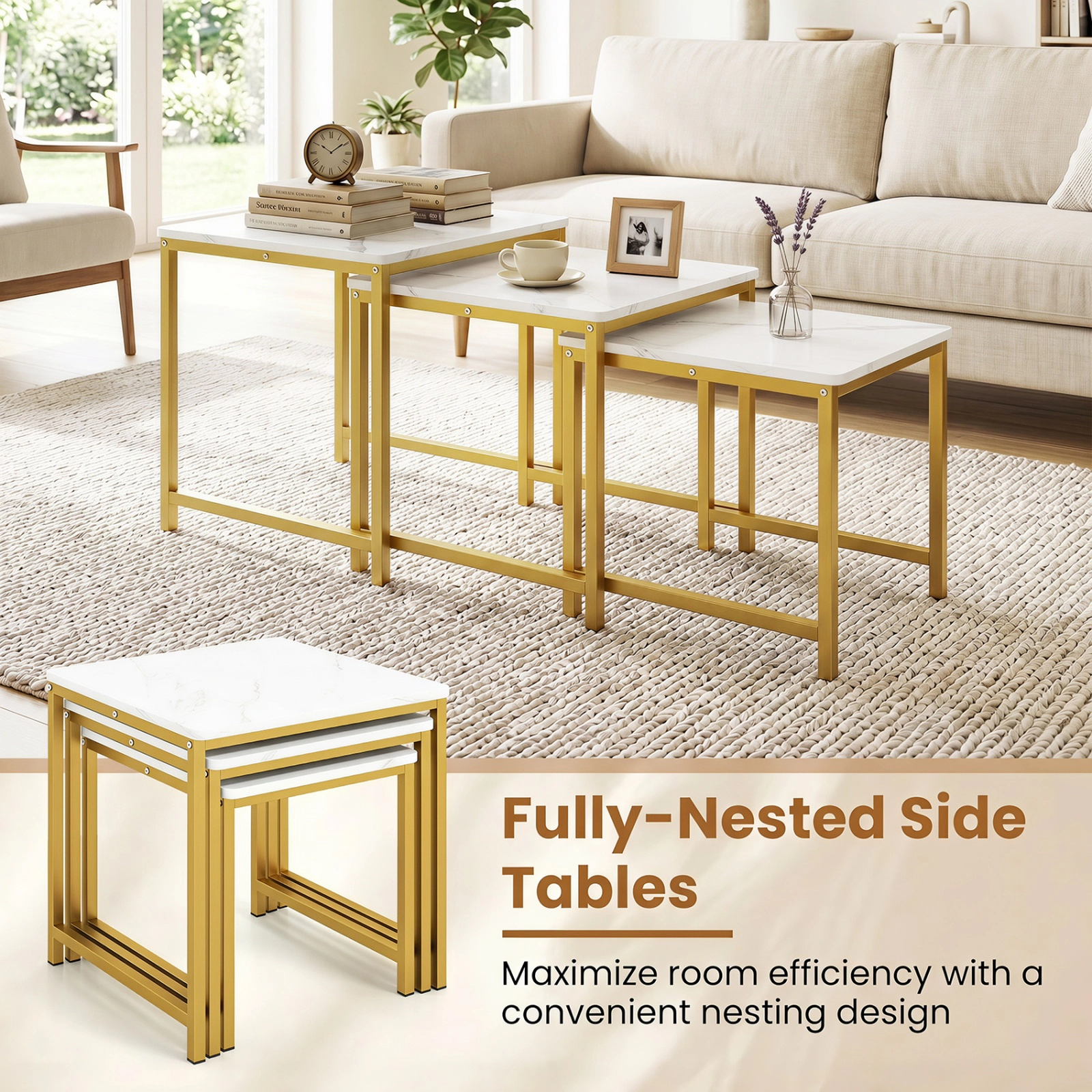 SUGIFT Faux Marble Nesting Accent Tables with Metal Frame Set of 3 90-lb Capacity White & Golden