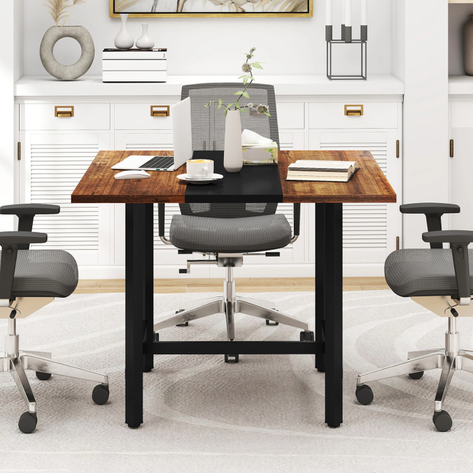 SUGIFT 200-lb Capacity 39.5-in Square 4-Person Dining Table with Thickened Wood Grain Top and Metal H-Frame
