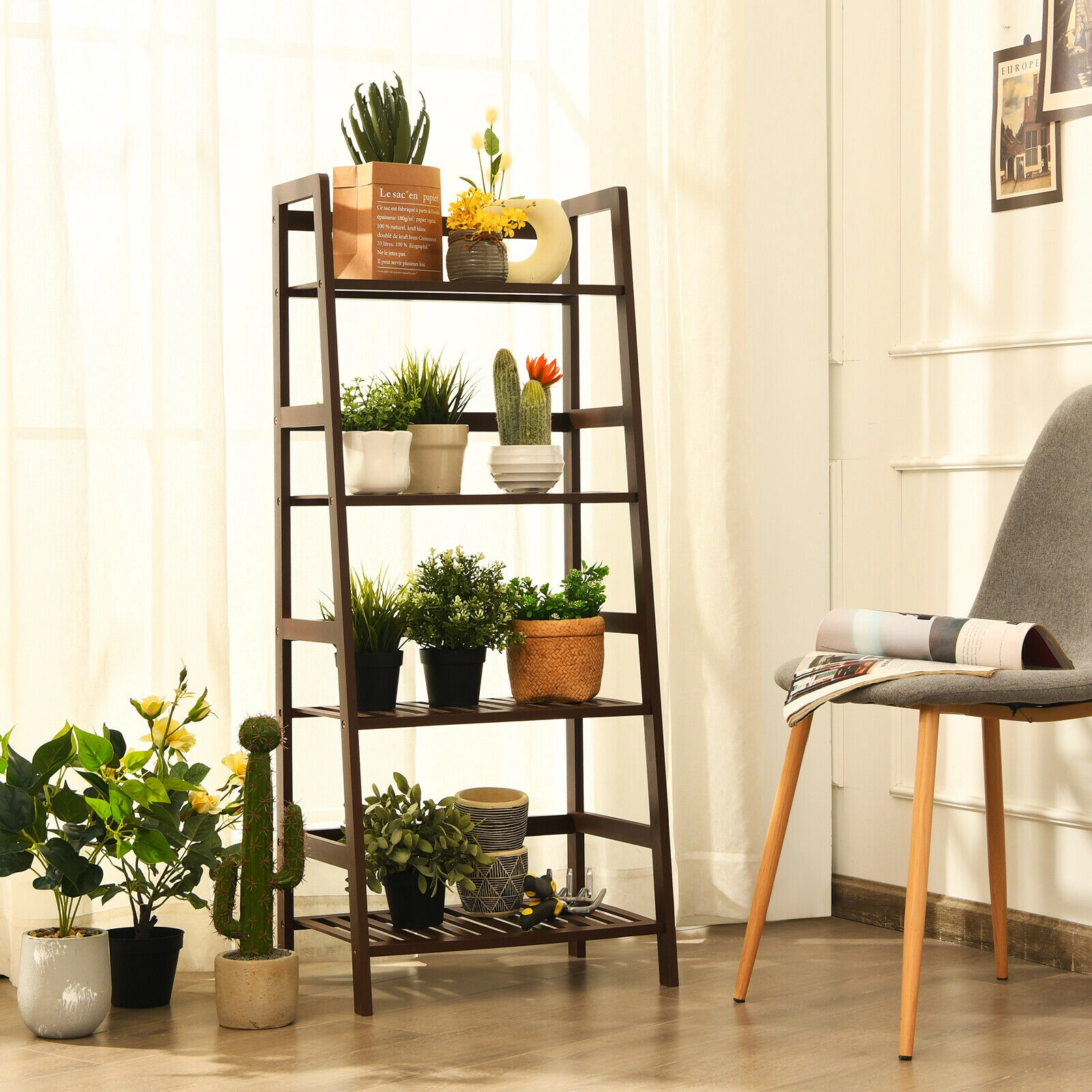 SUGIFT 4-Tier Bamboo Plant Rack with Guardrails Bamboo Shelf 22-lb Capacity Per Tier 19-in Wide 45-in Tall Brown
