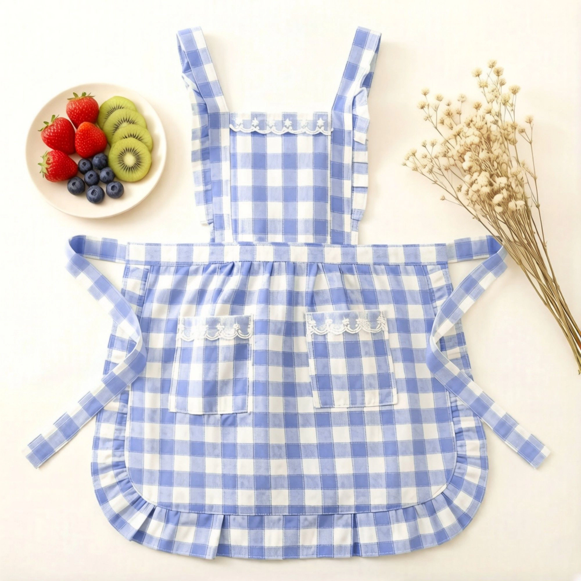 Alilang Women Gingham Kitchen Apron with Ruffle Trim Adjustable Waist Ties Lace Bib Detail and Front Pocket