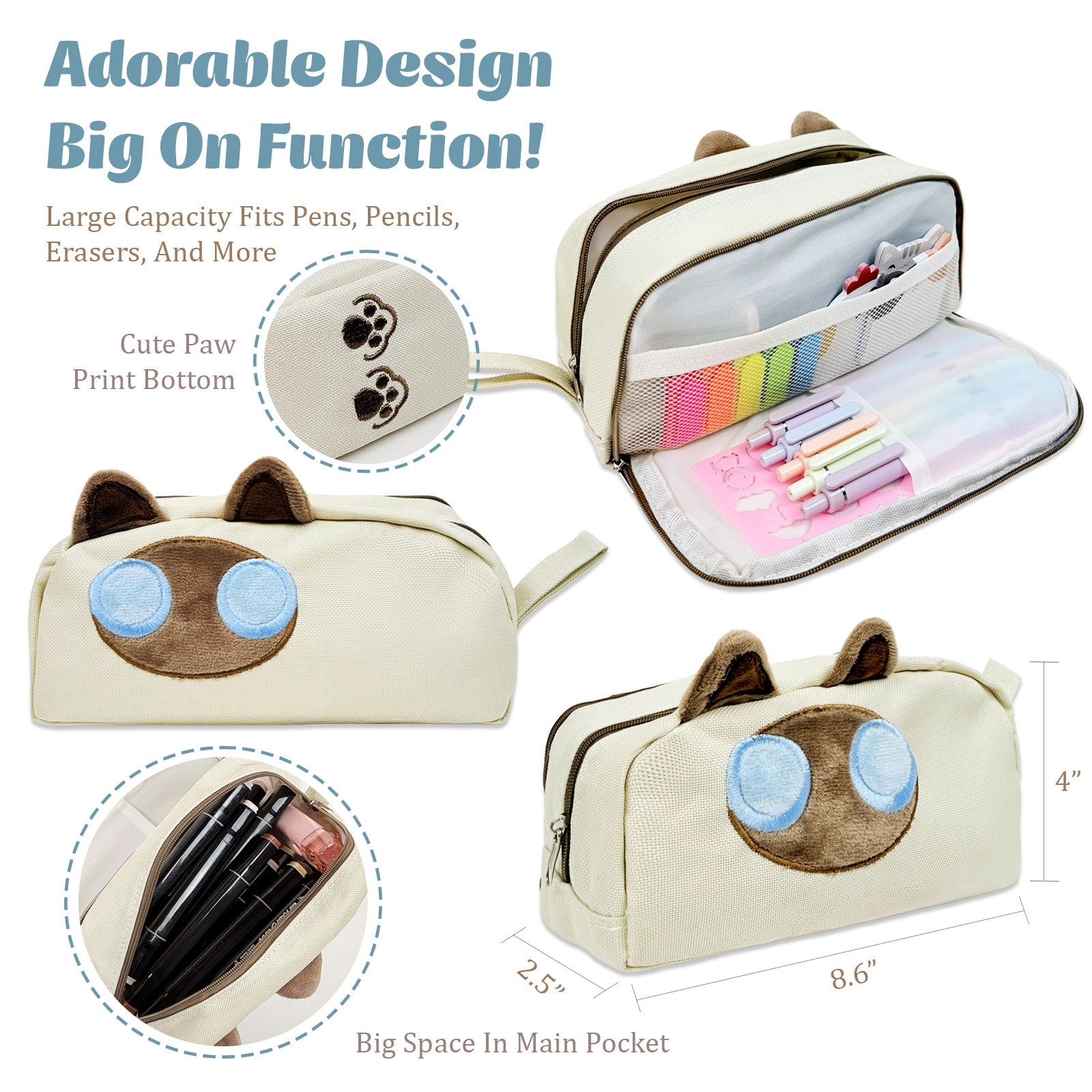 Wrapables 3D Cat 2-Compartment Pencil Case, Beige Cat