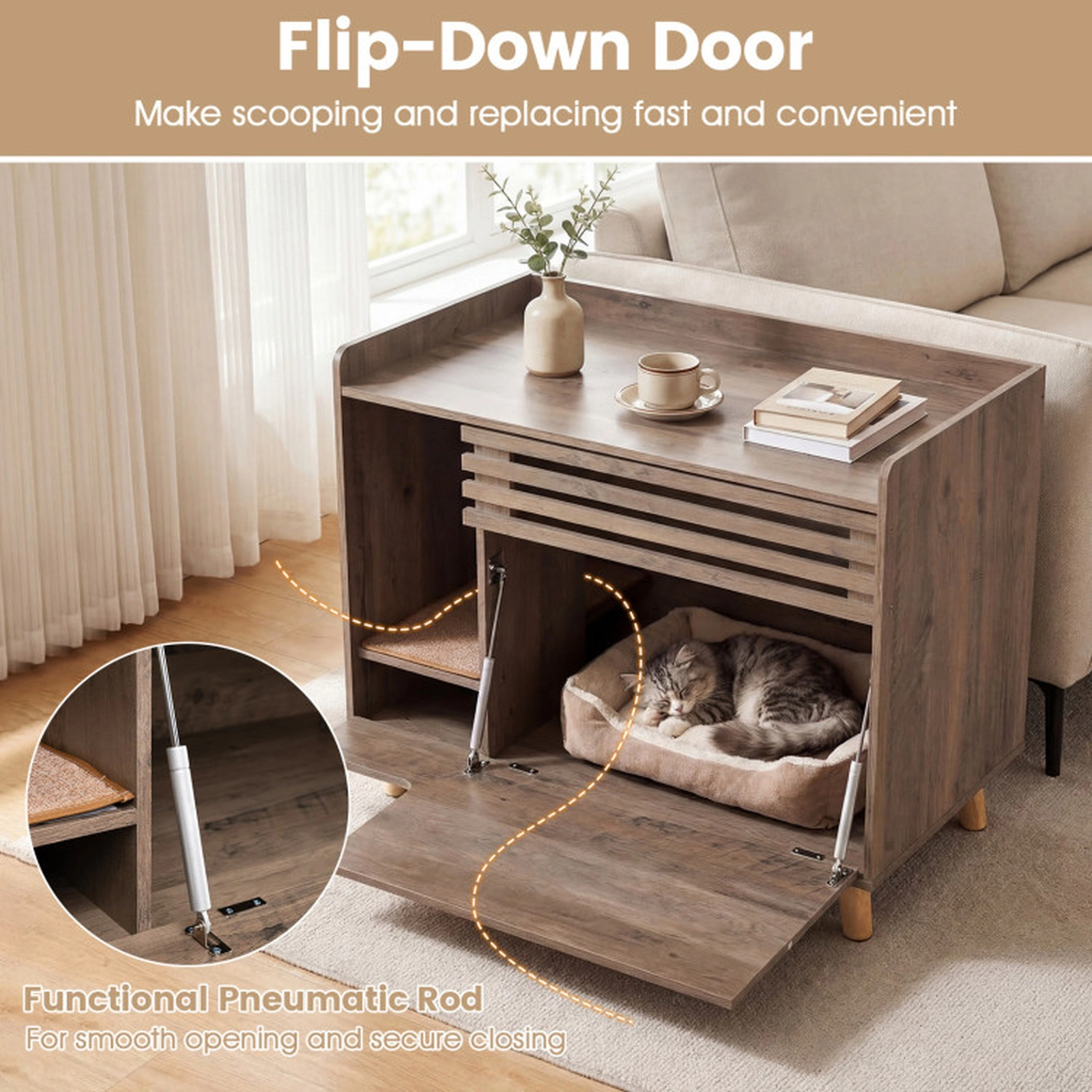 SUGIFT Brown Cat Litter Box Enclosure with Flip-Down Door 31.5-in W 18-in D 25.5-in H 66-lb Top Capacity