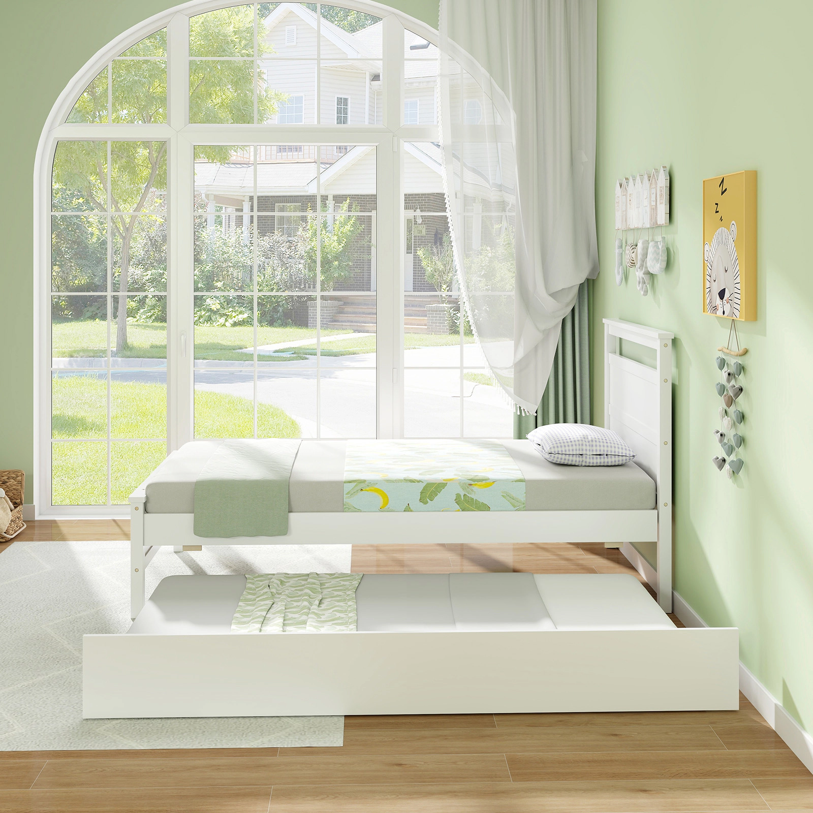 SUGIFT Twin Wood Platform Bed with Pull-Out Trundle, White, 200-Lb Capacity per Bed