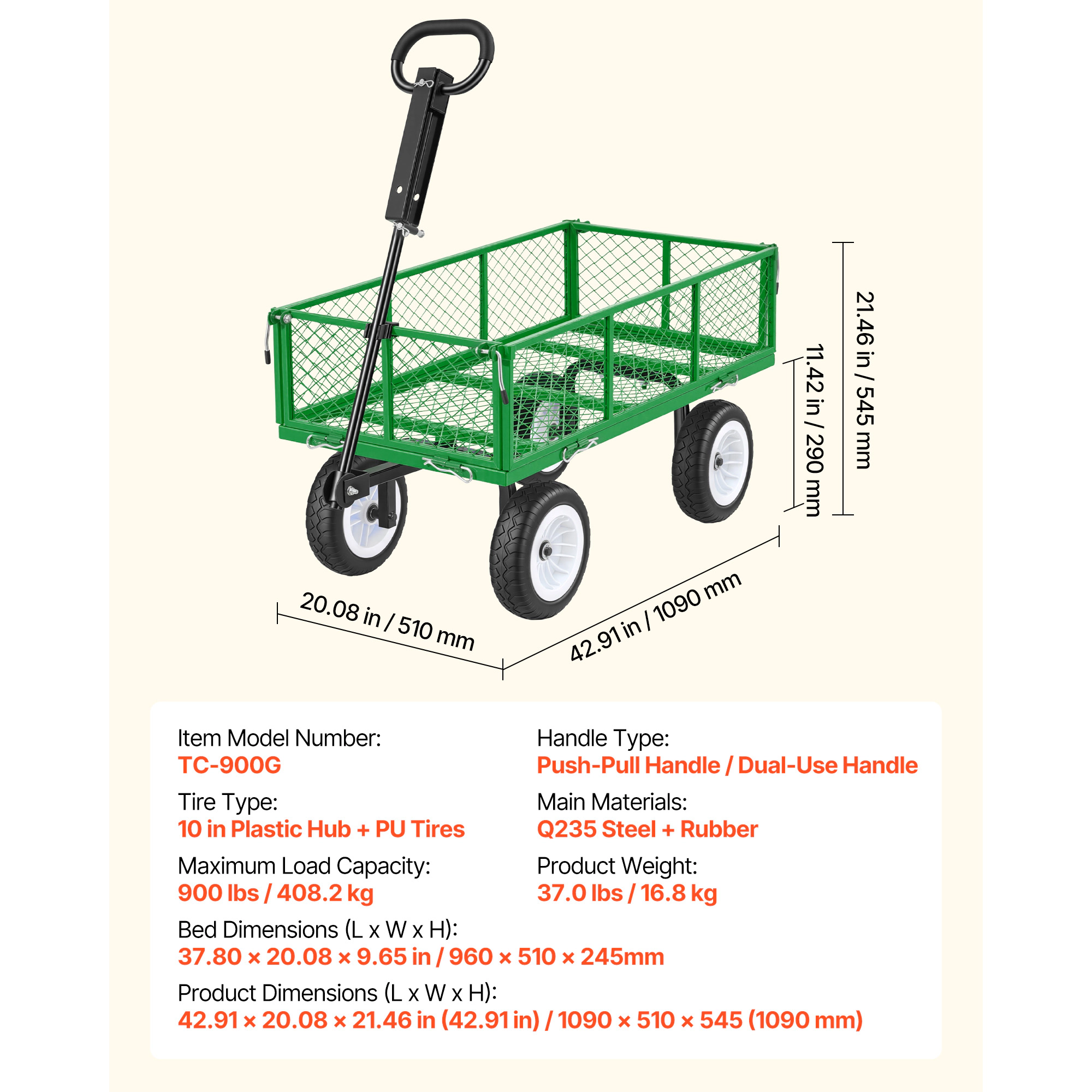 HONGGE Garden Cart 900 LBS Heavy Duty Steel Yard and Garden Utility Wagon with 10-Inch Tires Outdoor Gardening Stool