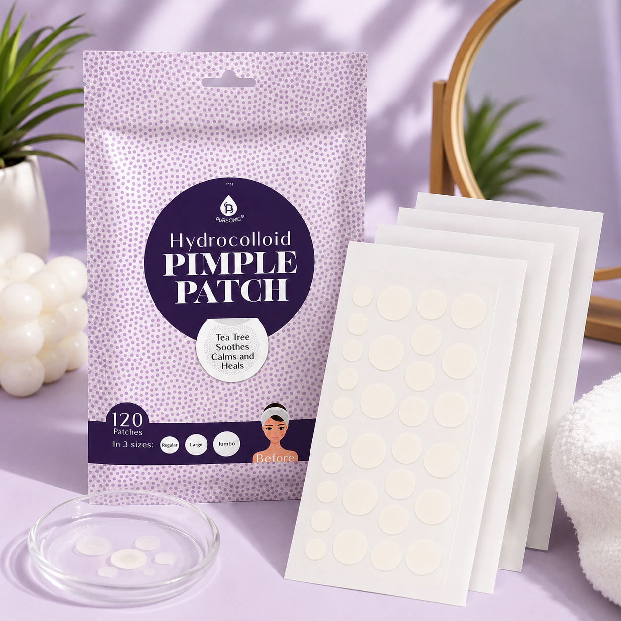 Pursonic Unisex Acne Care Hydrocolloid Pimple Patch with Multi-Size Blemish Treatment Stickers, 120 Count