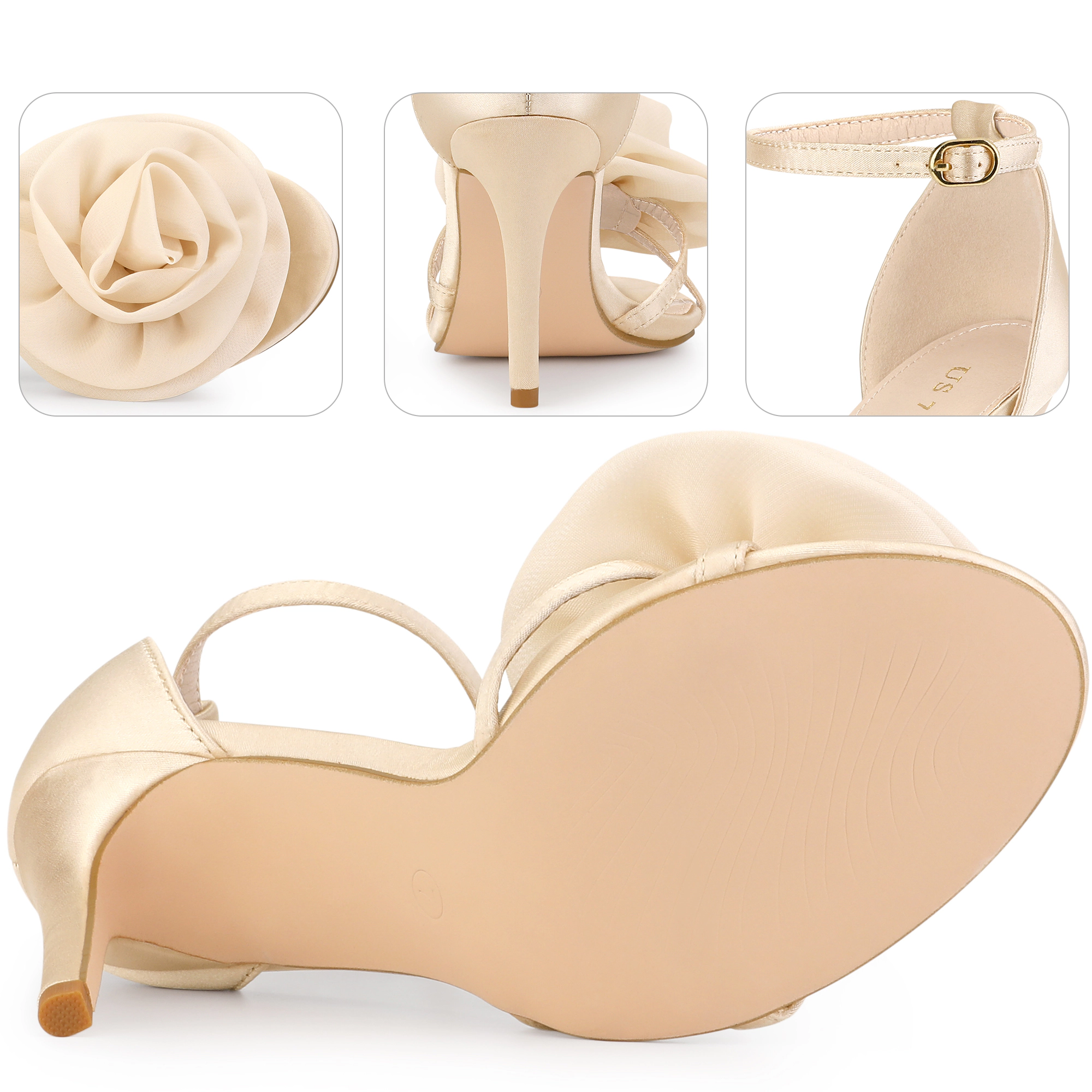 BLISSFUL STEP Women's Satin Flower Ankle Strap Stiletto Heel Sandals