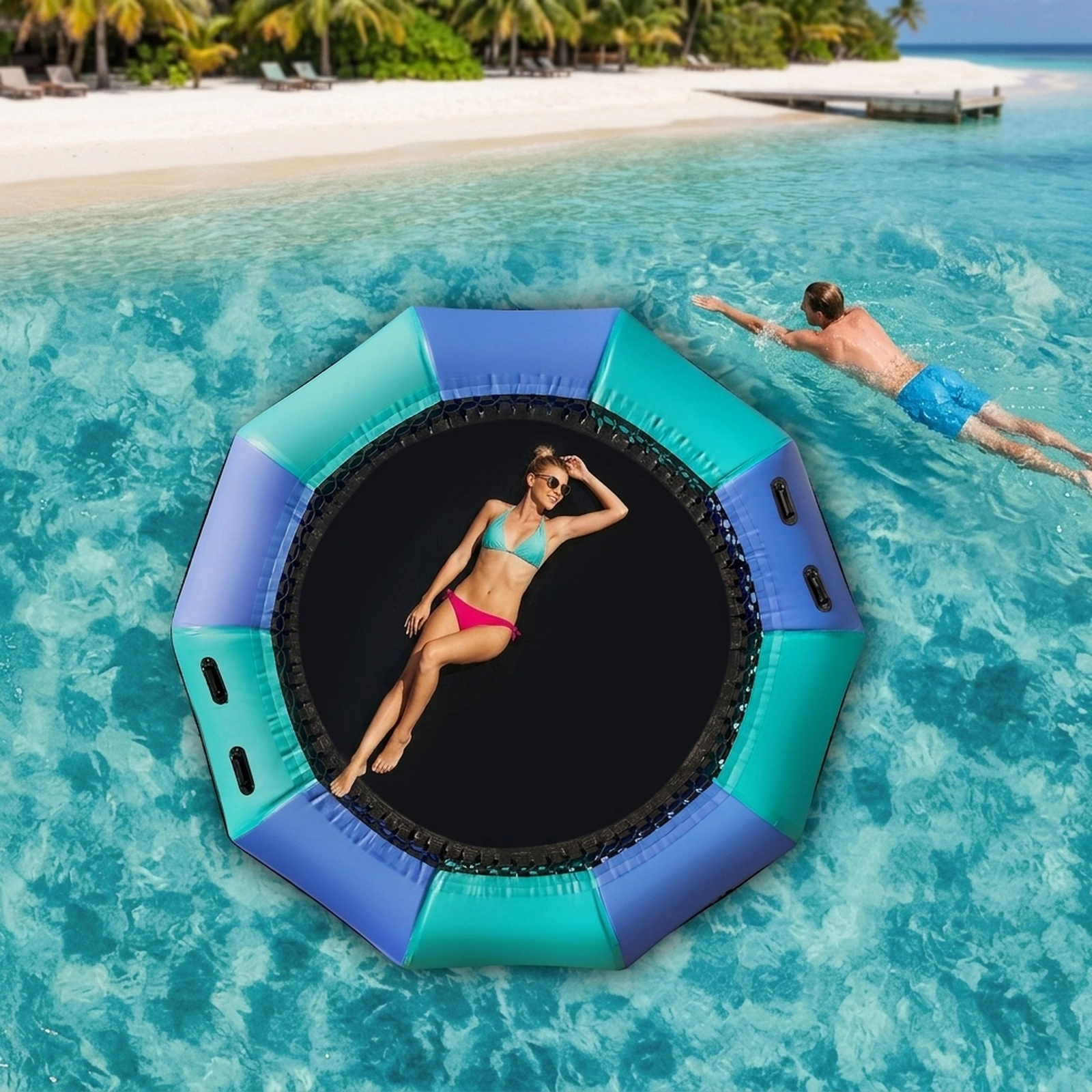 10-ft Inflatable Lake Trampoline Floating Water Bouncer 500W Electric Inflator Rope Ladder Anchor 330-lb Ages 14+ Blue