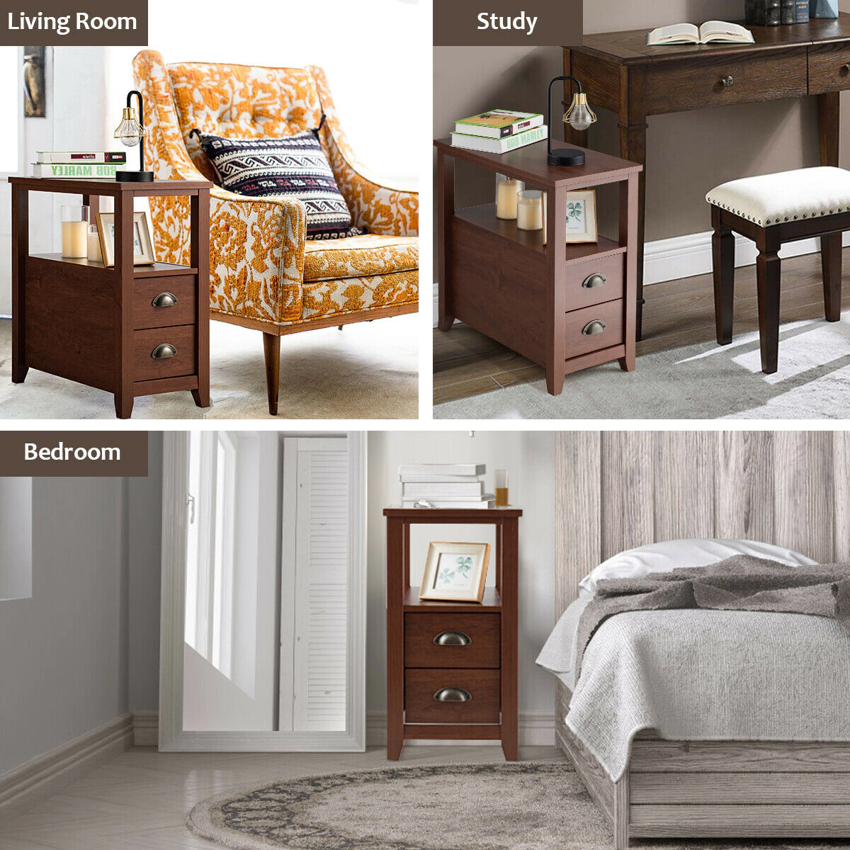 Hivvago Set of 2 End Table Wooden with Drawer & Shelf Bedside