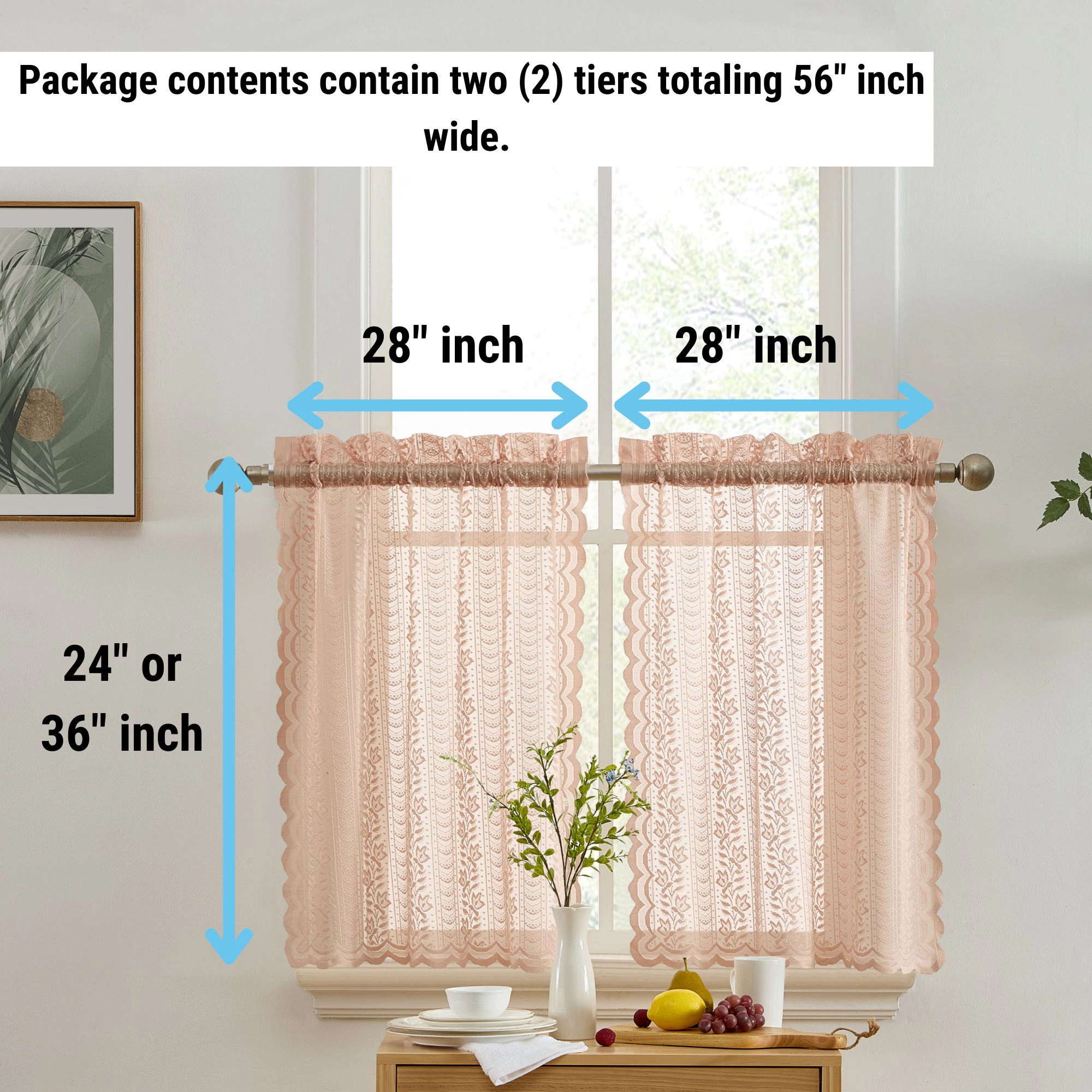 HLC.ME Sophia Floral Rod Pocket Lace Semi Sheer Voile Short Cafe Tiers for Small Windows - Set of 2