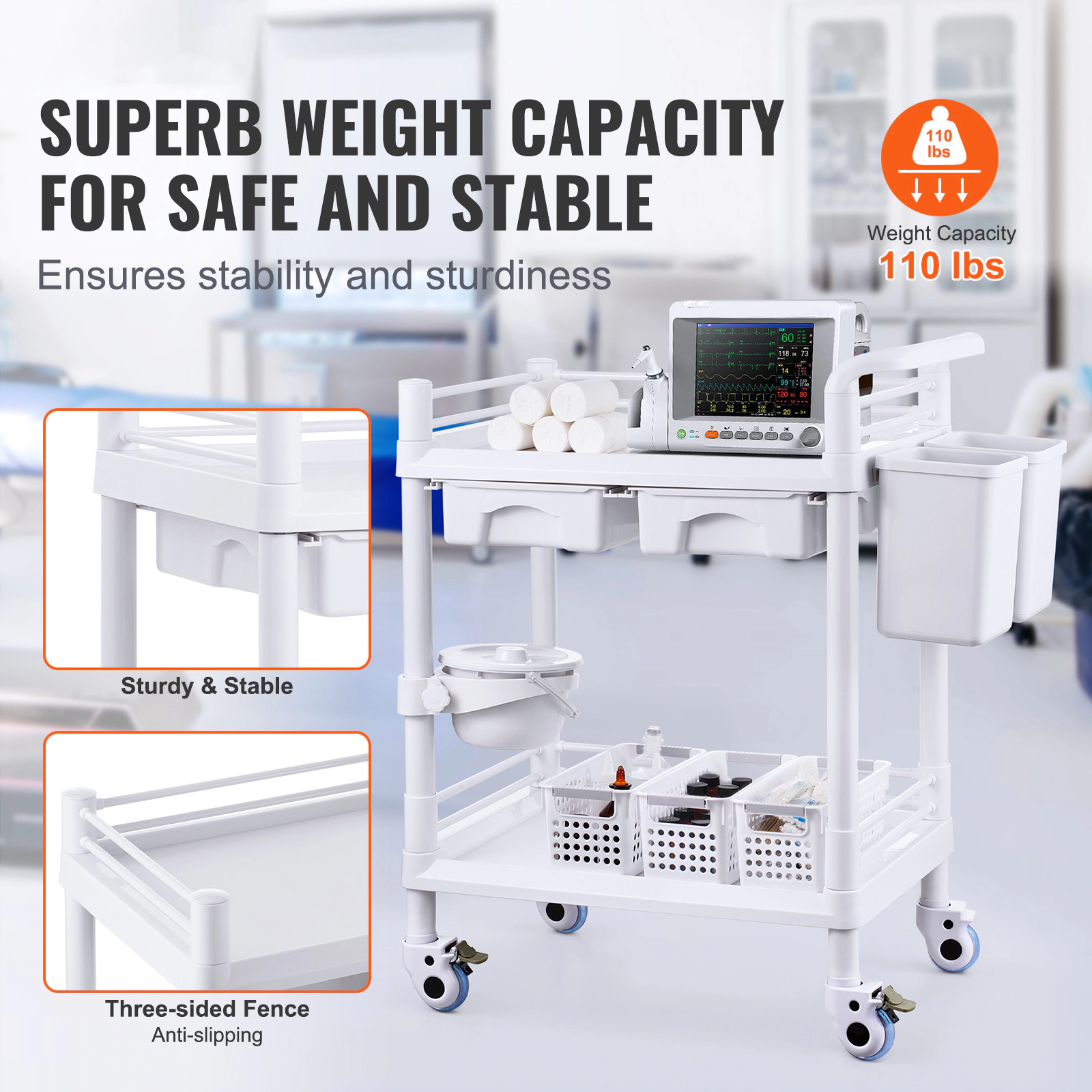 HONGGE Lab Carts Lab Utility Cart with 3 Trays & 4 Silent Wheels Mobile Medical Cart with PP Material Lab Rolling Cart