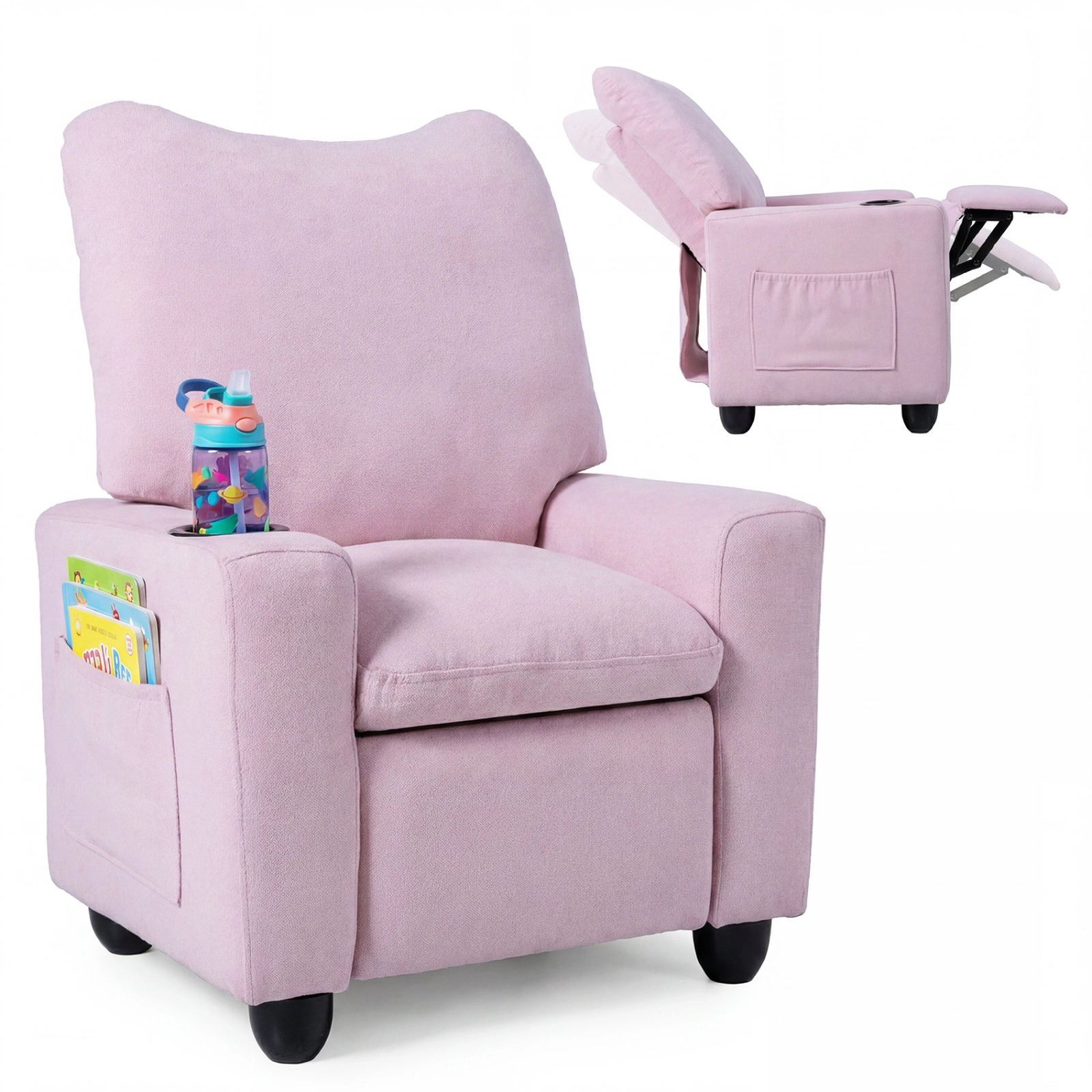 SUGIFT Kids Chenille Wide Armrests Cup Holder Push Back Recliner 24-in x 20.5-in x 30-in 150-lb Capacity Ages 3+ Pink