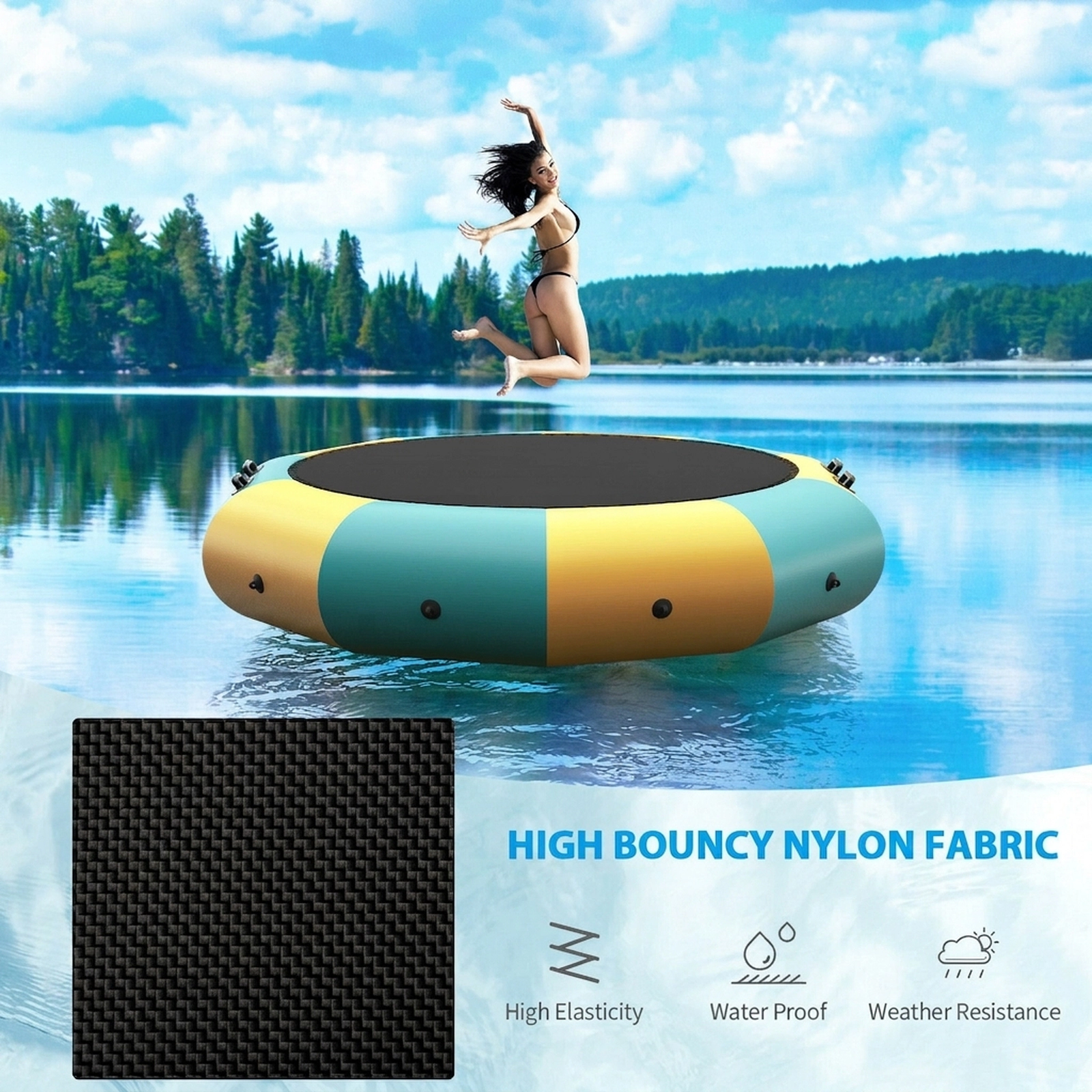 12-ft Inflatable Water Trampoline Lake Floating Bouncer Electric Inflator Rope Ladder Anchor 330-lb Ages 14+ Yellow