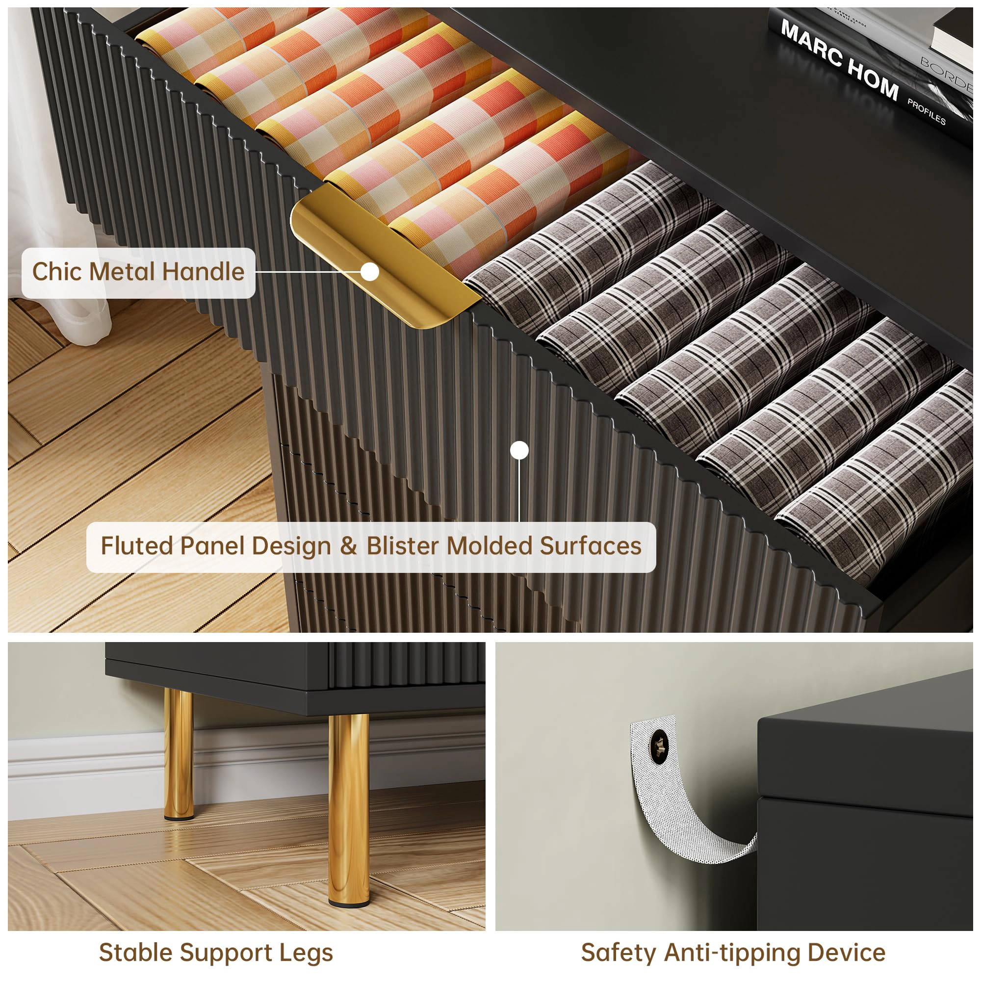 BebreezChic 5-Drawer Dresser for Bedroom with Gold Handles, Modern Wooden Chest of Drawers