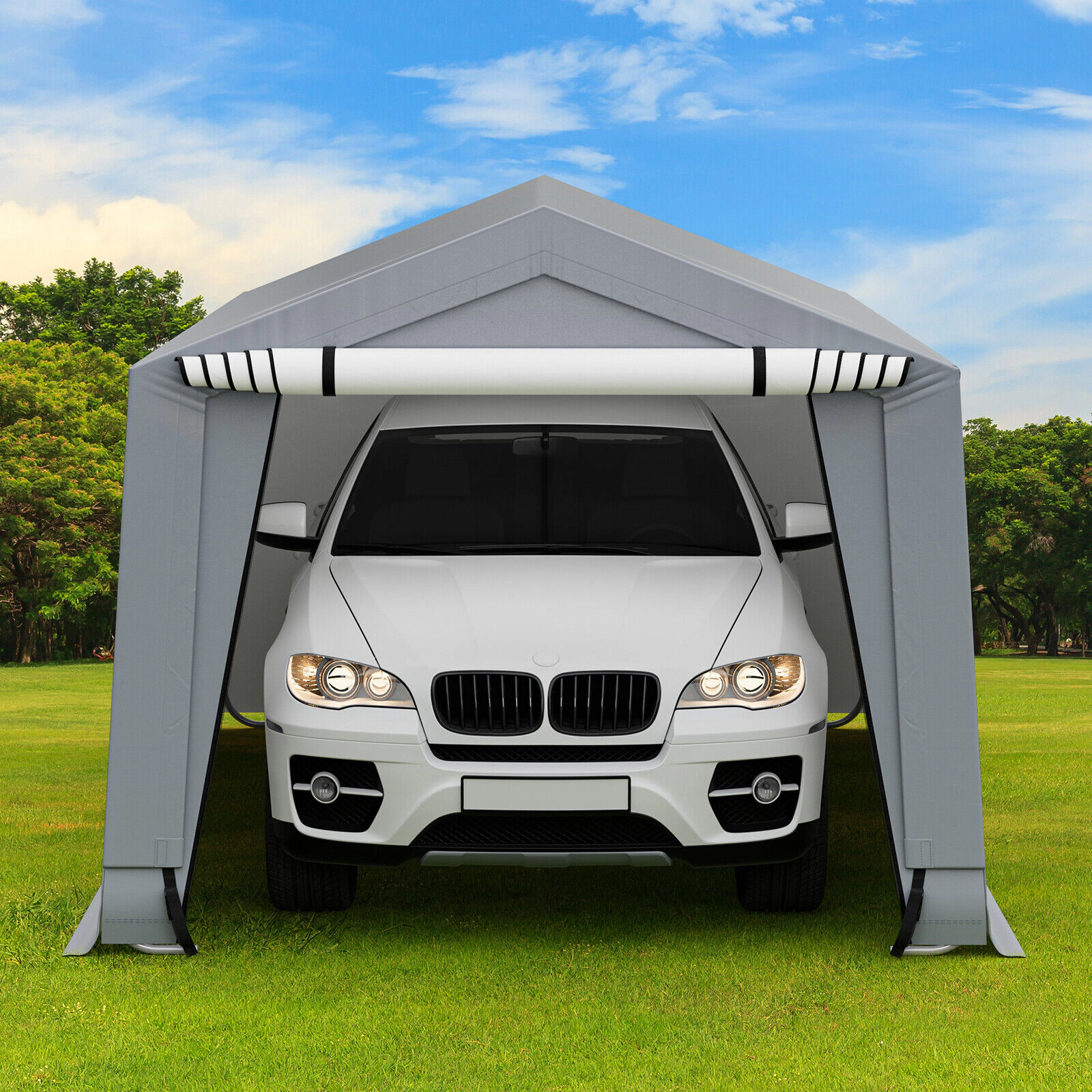 SUGIFT Gray Heavy Duty Galvanized Steel Carport Canopy Tent with 2 Roll Up Doors and 8 Legs 16-ft W 10-ft D