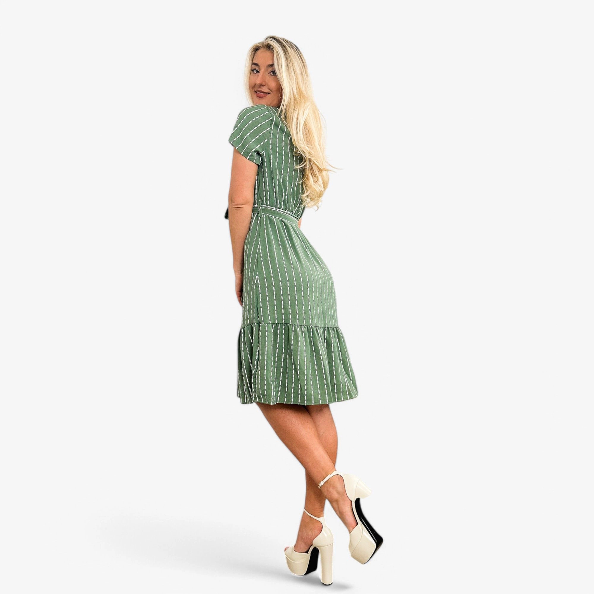 Anna-Kaci Women's V Neck Short Sleeve Tiered Waist Tie Midi Dress
