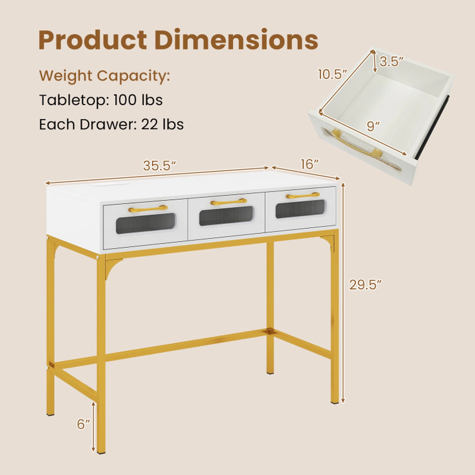 SUGIFT 3 Drawers LED Light Charging Station Gold Frame Console Table 35.5-in x 16-in x 29.5-in 100-lb Capacity White