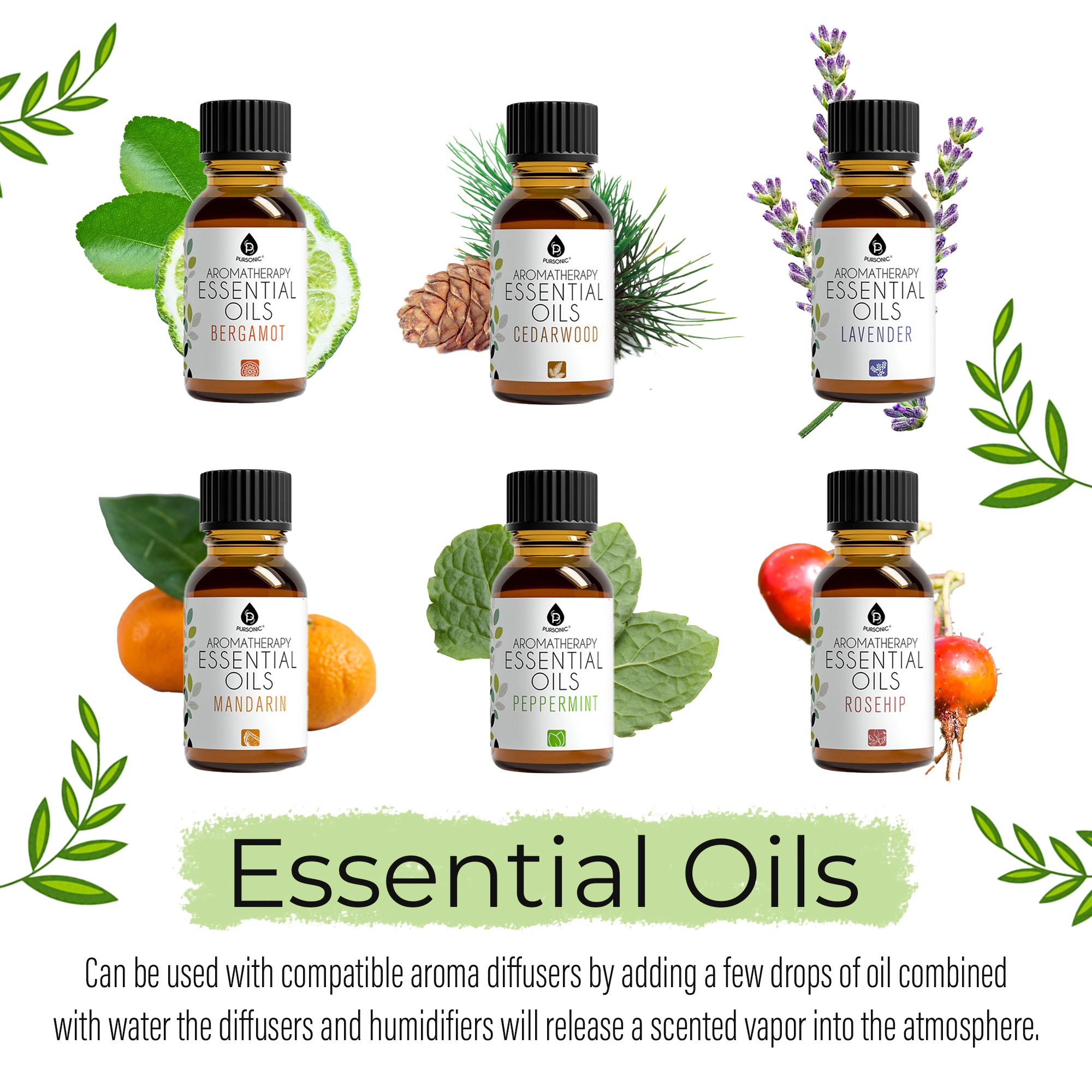 Pursonic Unisex 100% Pure Aromatherapy Essential Oil Gift Set Collection Bundle
