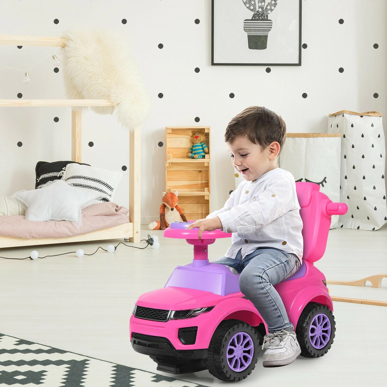 SUGIFT Pink Toddler 3-in-1 Ride-On Push Car Stroller with Music and Storage 35-in W 33-in H 55-lb Rider