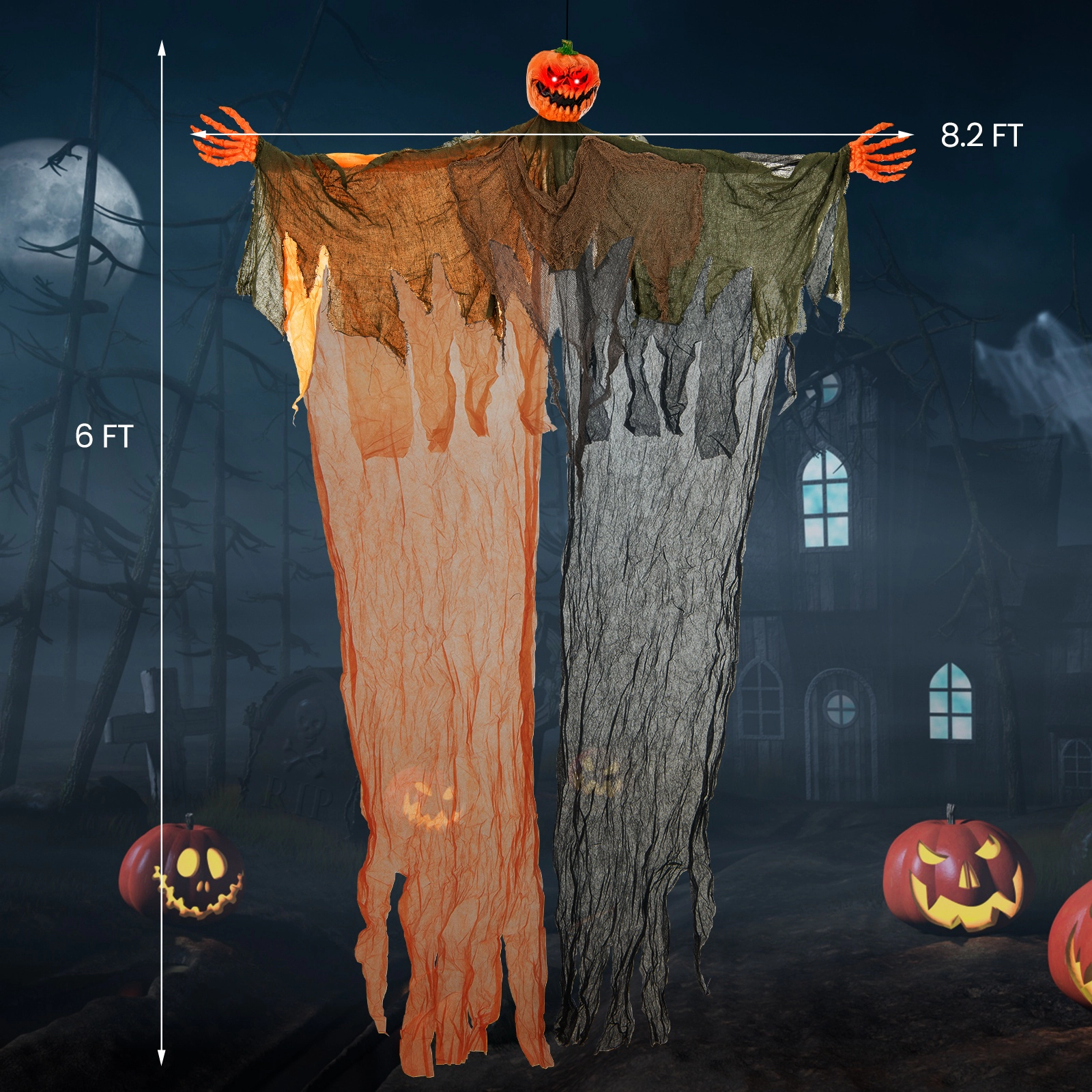 SUGIFT Black and Orange 6-ft Hanging Halloween Pumpkin Ghost Decoration with Red LED Eyes and Poseable Arms