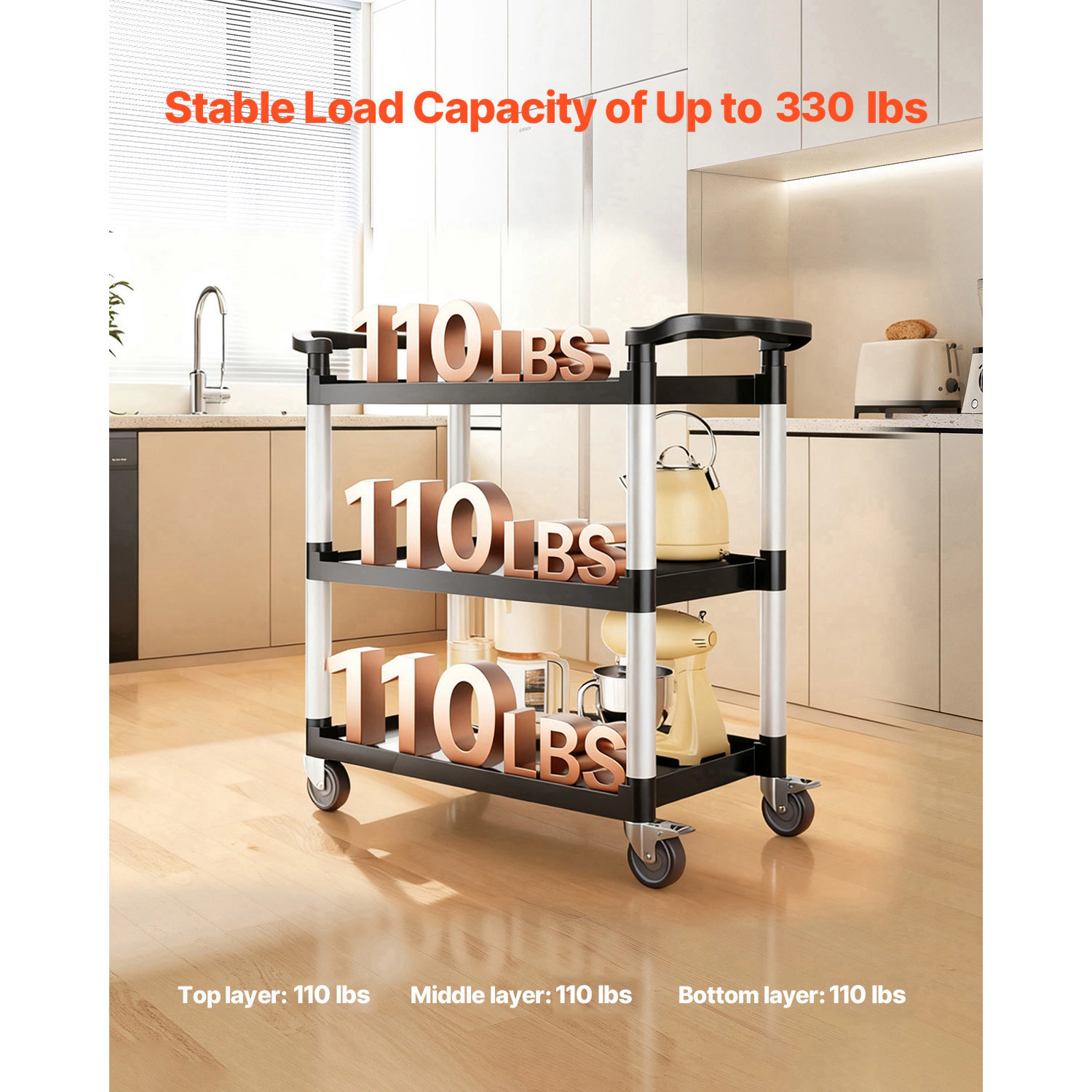 HONGGE 3-Tier Plastic Utility Cart, 330 lbs Capacity, Locking Swivel Wheels for Kitchen, Office & Warehouse