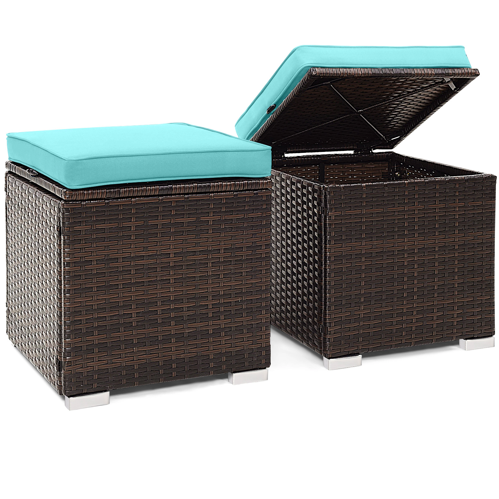 SUGIFT 2-Piece Patio Storage Ottoman Set with Removable Cushions 350-lb Top Capacity Mix Brown Rattan Turquoise