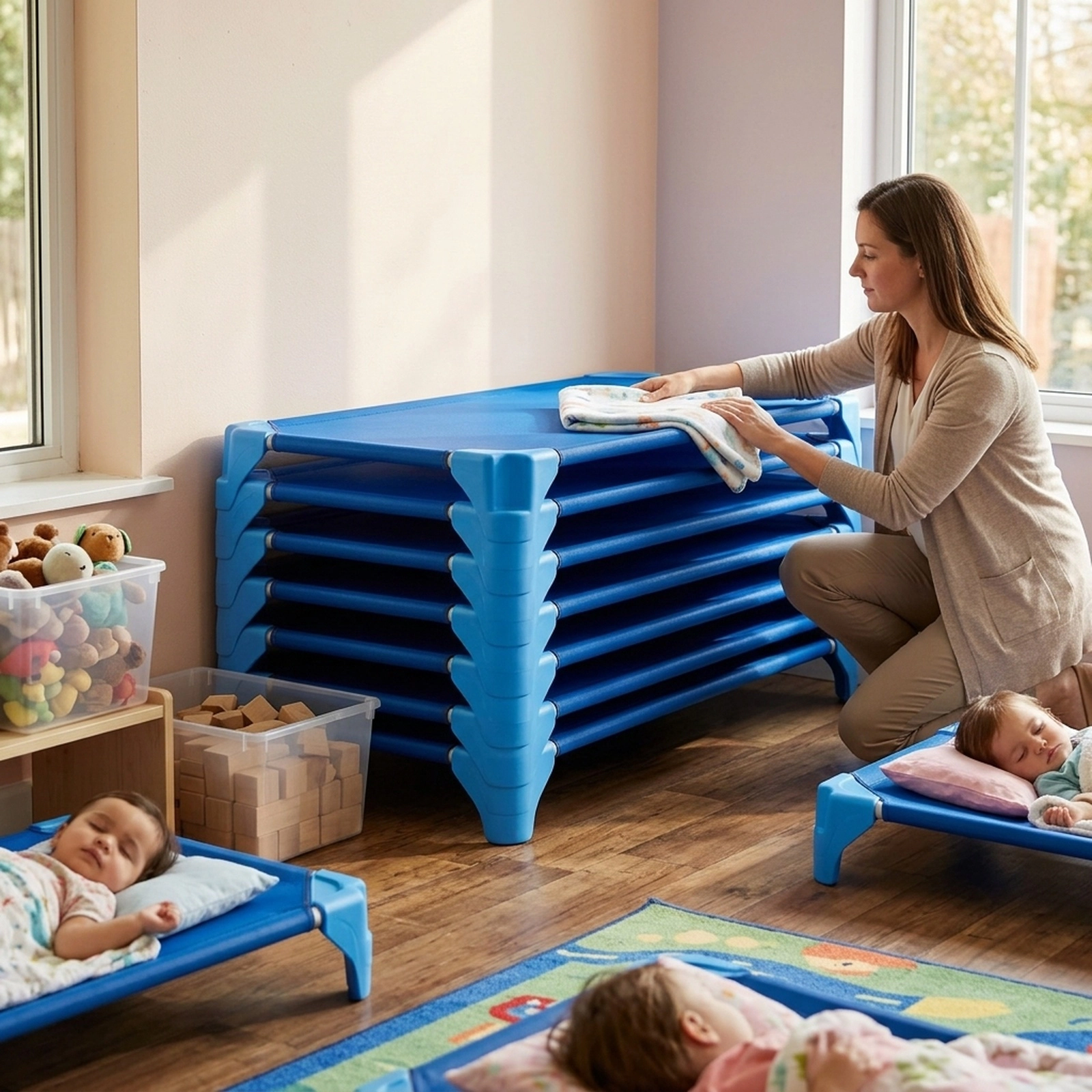 SUGIFT 6-Pack Blue Stackable Daycare Cots, 52 x 23.5 in, Portable Toddler Nap Beds